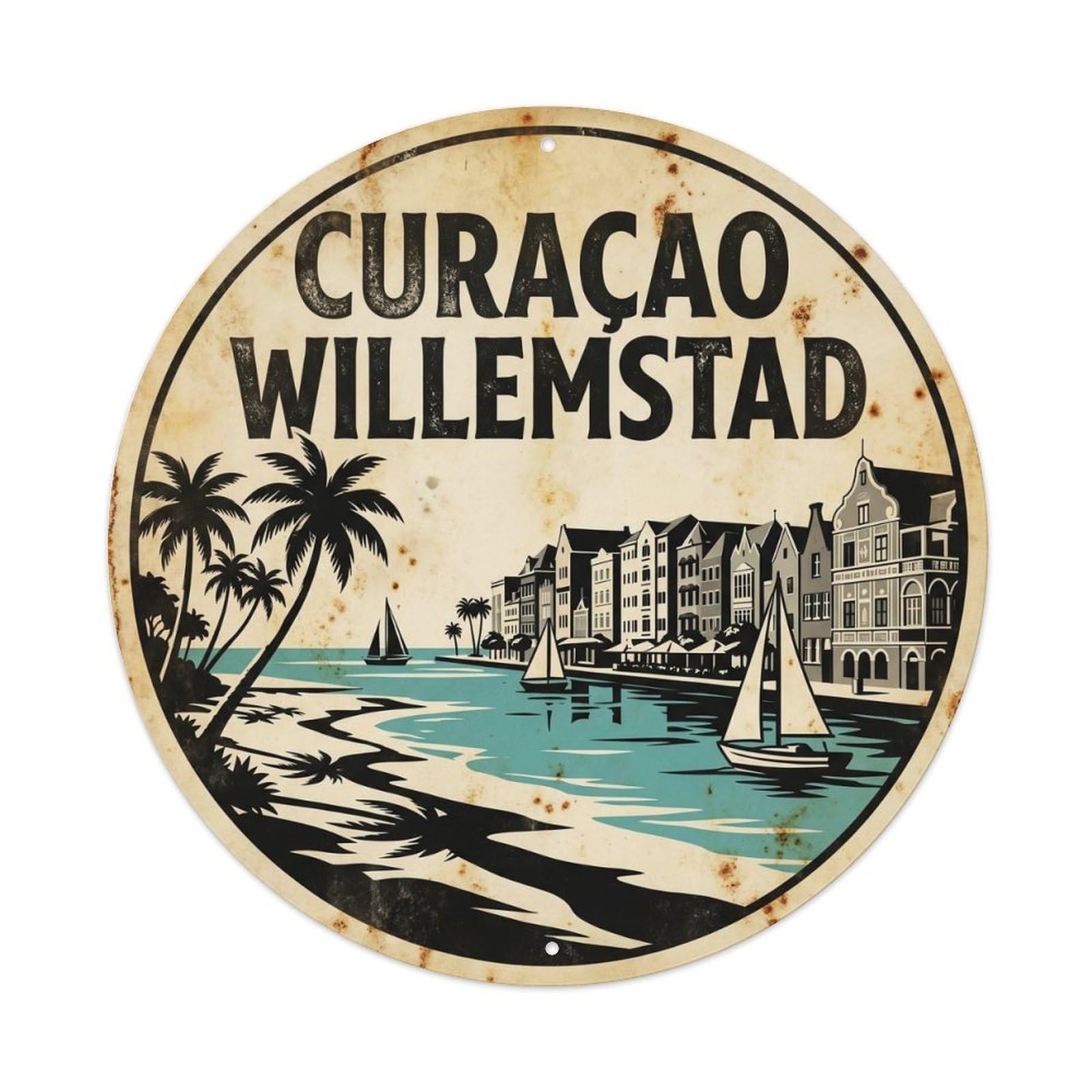 Curacao Willemstad Island Resort Monochrome Metal Tin Sign