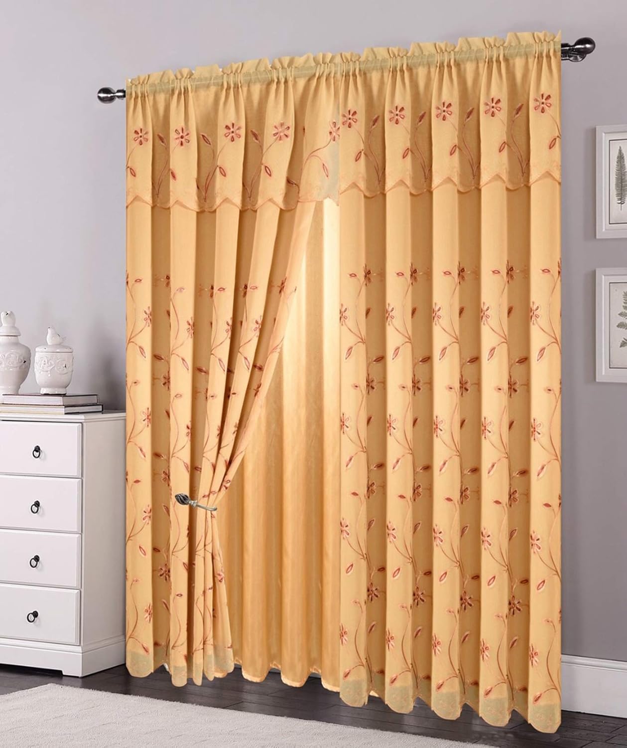 OPT. Brand. Set of 2 Panels Double Layers Voile Sheer Embroidered Rod Pocket Window Curtain Panels and Valance. 81006-2 (White)