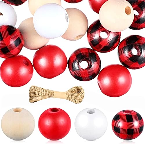 Miniatura 1 de 160 cuentas de madera de Navidad con cuentas de madera de cuerda de cáñamo de 328ft para manualidades cuentas de estampado a cuadros de búfalo