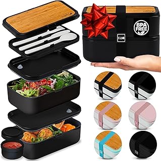 Double Premium Bento Box Adult, 67 fl oz BPA-Free - Black Stackable Lunc...