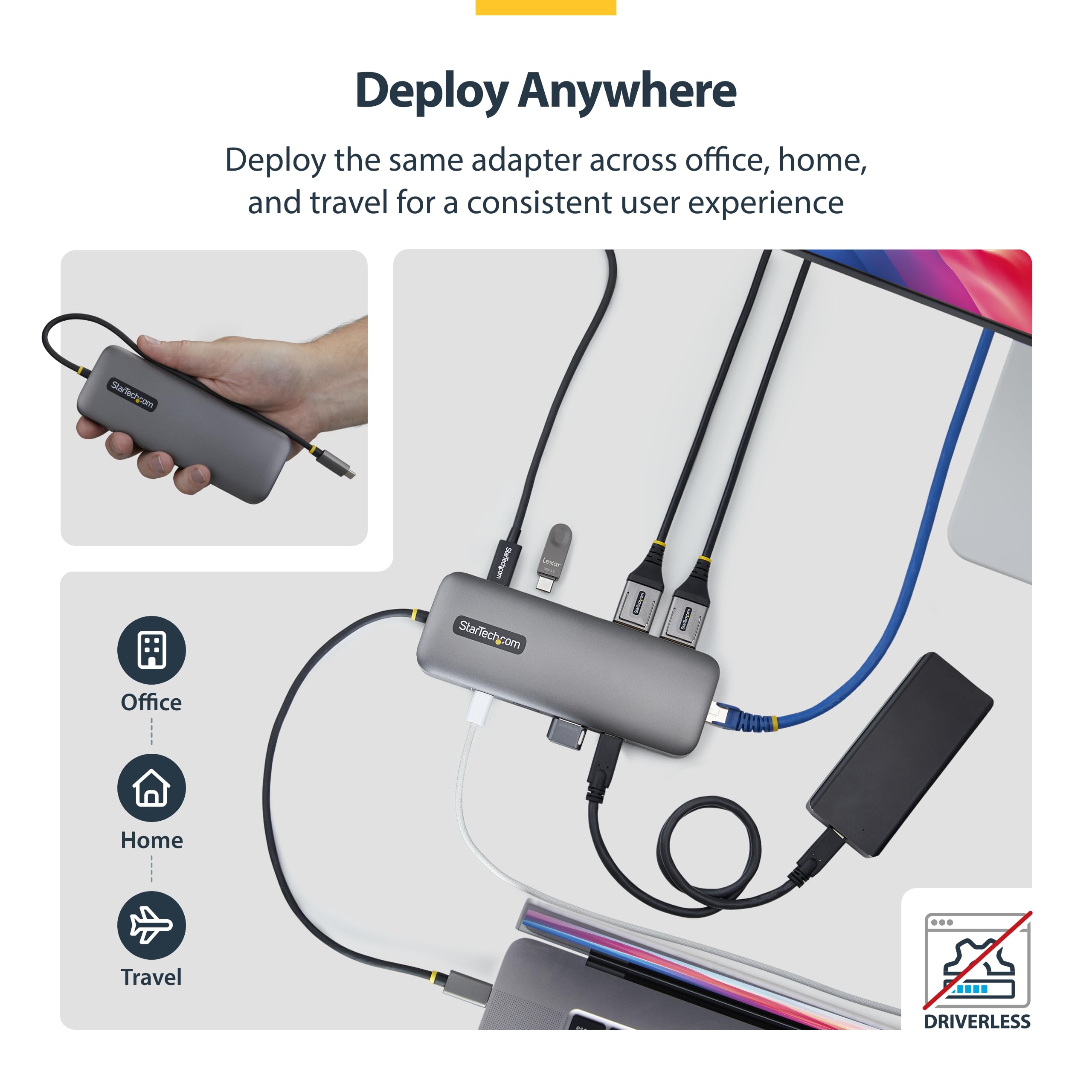 StarTech Dock USB-C 9-en-1, Double DisplayPort 4K, 10Gbps, 100W, GbE, SD