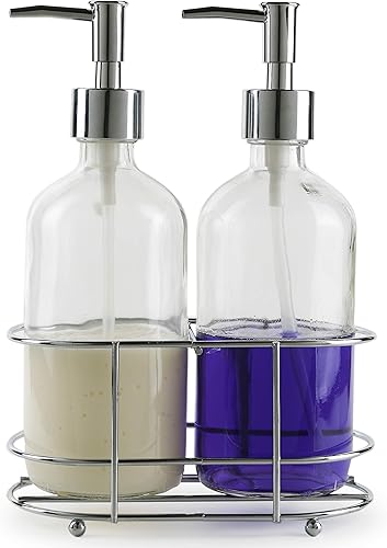 Circleware Dispense-It Duo - Dispensador de jabón para botellas con acento plateado, juego de 2, accesorios de baño, decoración del hogar para