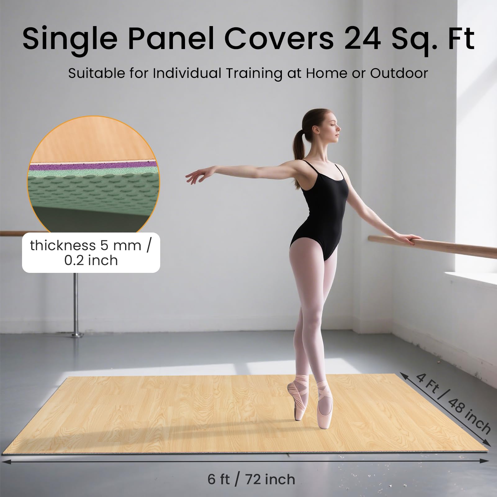 Tragbare Tanzbodenmatte, 9 x 1,2 m und 1,2 x 1,8 m, 5 mm dicke PVC-Tanzfläche für Ballett, Jazz, Pop und andere Tanzformen, rutschfester und stoßdämpfender Übungsboden für Zuhause, Studio