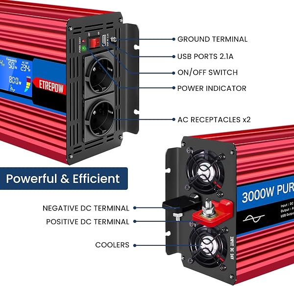 ETREPOW Inversor 24v 220v Onda Pura 3000w/6000w Convertidor de Voltaje con 2 enchufes EU y USB, Mando a Distancia inalámbrico,Pantalla LCD para Sistemas solares, caravanas, Coches, Camping - 2