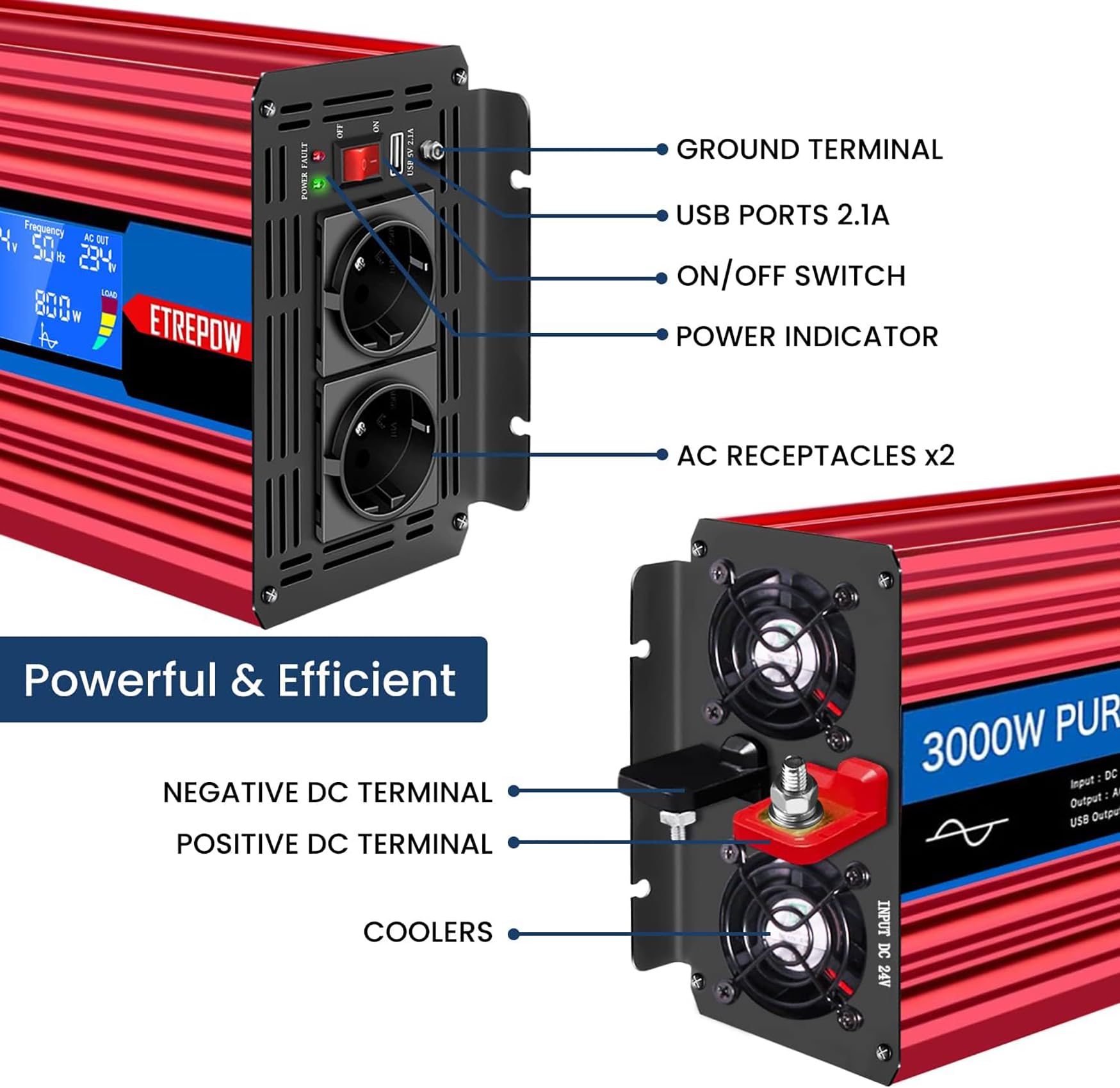 3000W convertisseur 24v 220v Pur Sinus transformateur-2 Prises EU AC et USB, télécommande sans Fil et écran LCD Onduleur pour Les systèmes Solaire, Voiture, Camping, Voyage