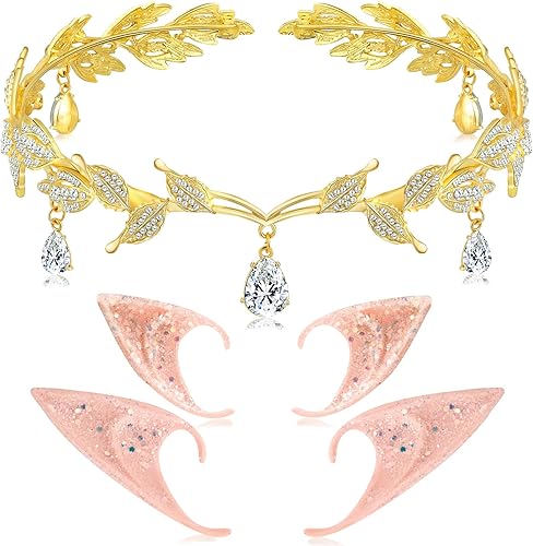 Miniatura 1 de ONESING Juego de orejas de elfo de hadas con diadema de diamantes de imitación, orejas de hadas con corona de hojas para mujeres y niñas, accesorios