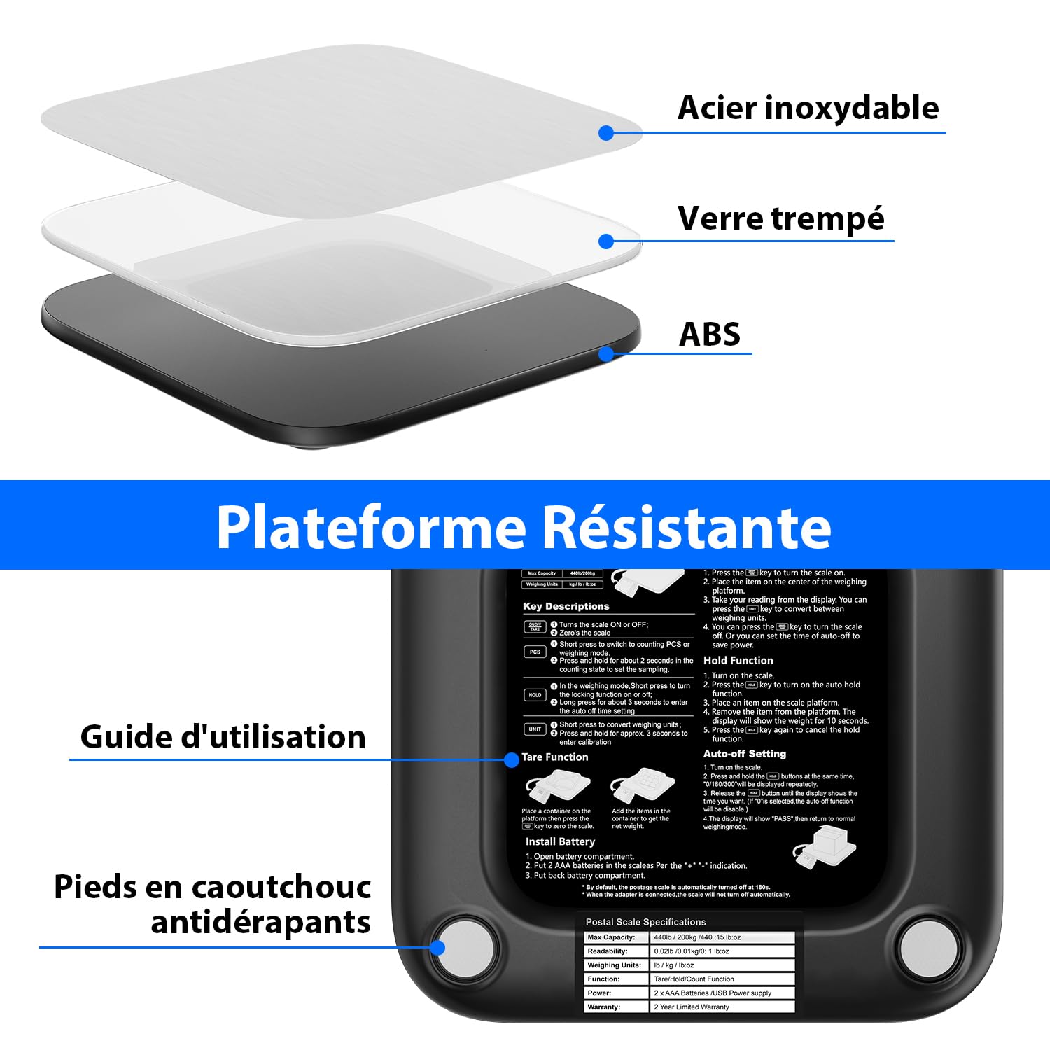 Balance de colis UNIWEIGH 200 kg/10 g numérique avec PCS/Hold/Tare