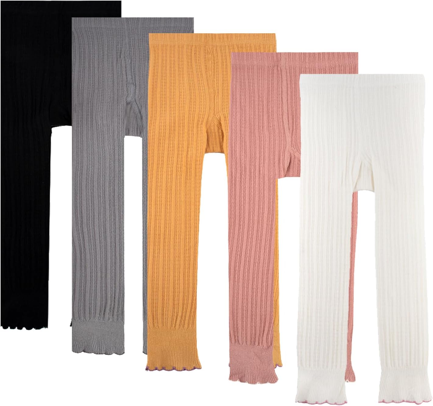 Meeshine 5 Pack Toddler Girls Cotton Footless Tights Cable Ribbed Knit Ruffle Leggings Stocking Pants for 1-8T Kids