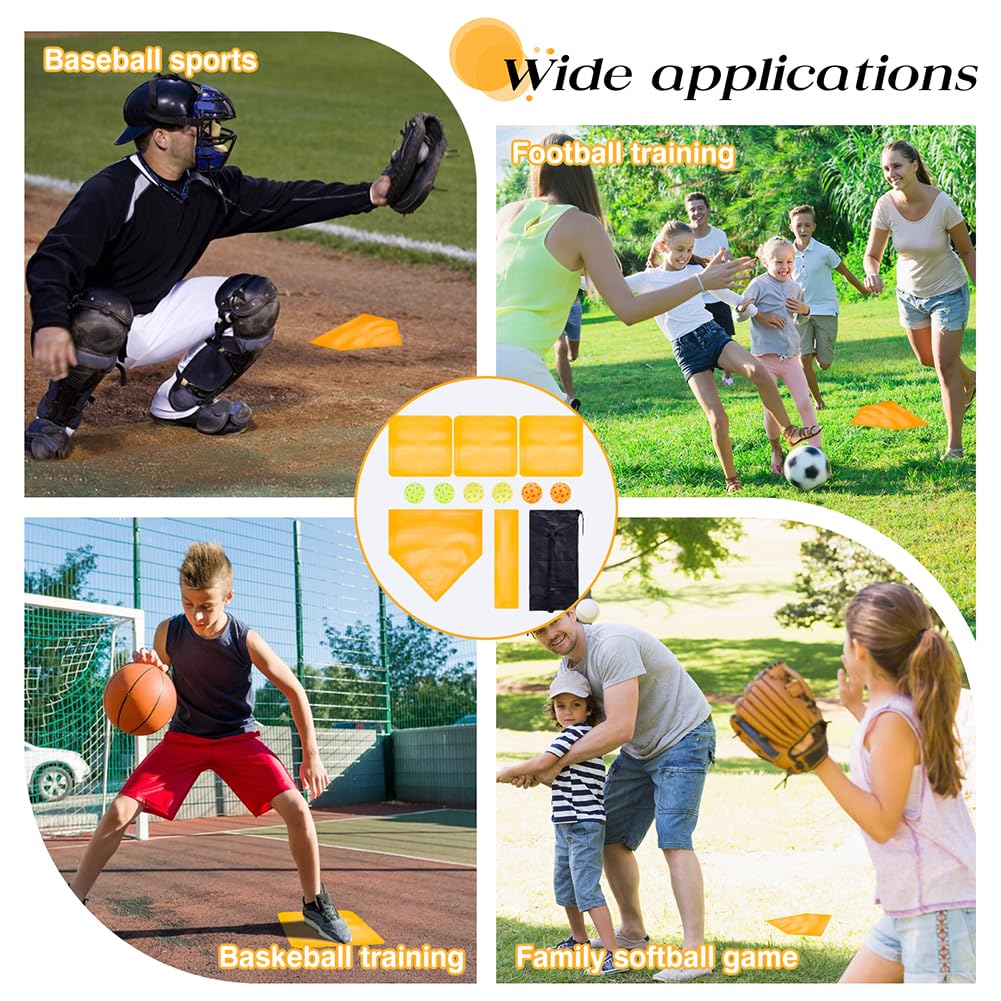MAYJOYDIY Juego de 5 bases de béisbol y sóftbol con 9 pelotas de entrenamiento de plástico, bases de béisbol lanzadas, equipo deportivo al aire libre para patio trasero, teeball, práctica escolar de