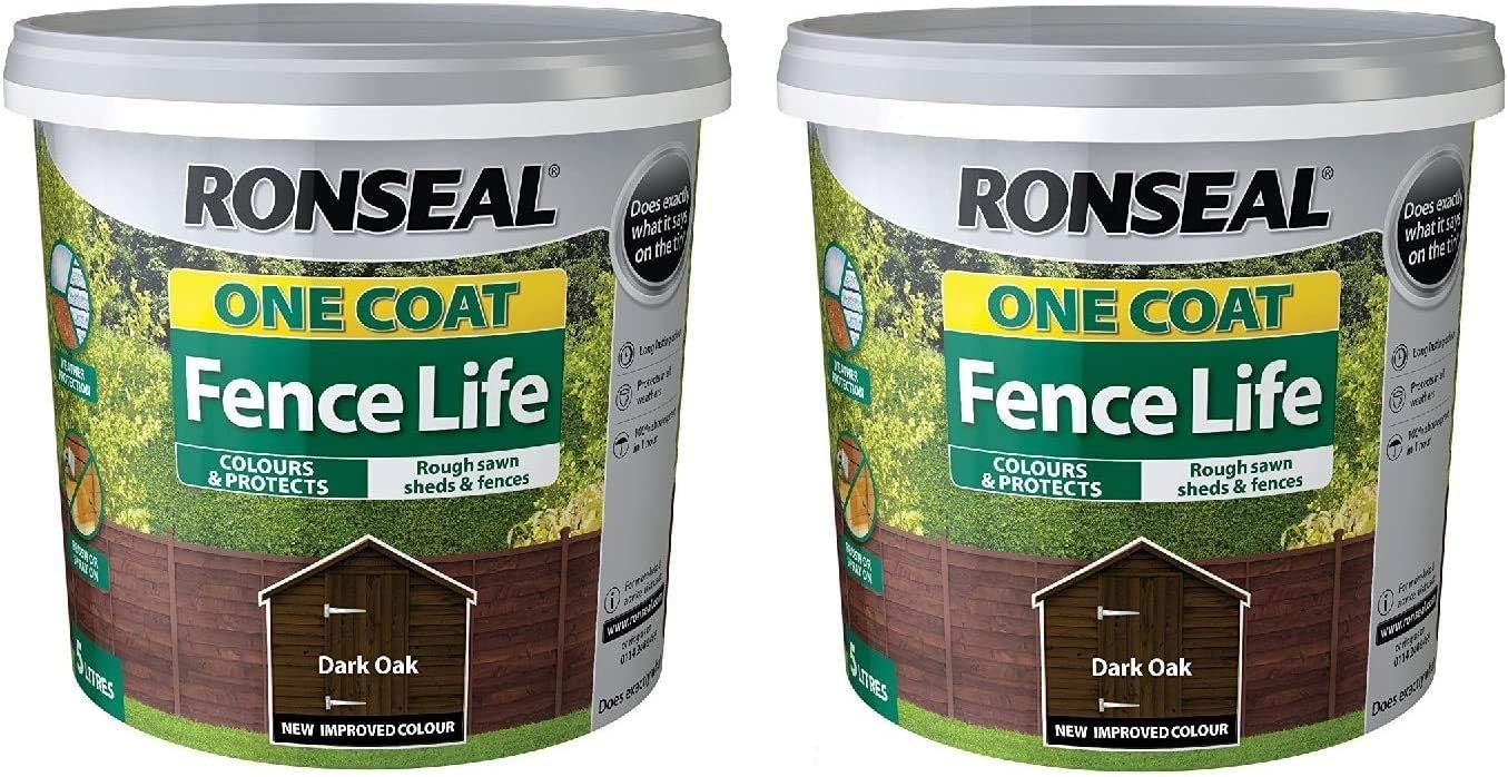 Ronseal 5L One Coat Fence Life Fence Paint Bundle Deal 2 for £22.95-2 x 5L Tubs = 10L - Dark Oak