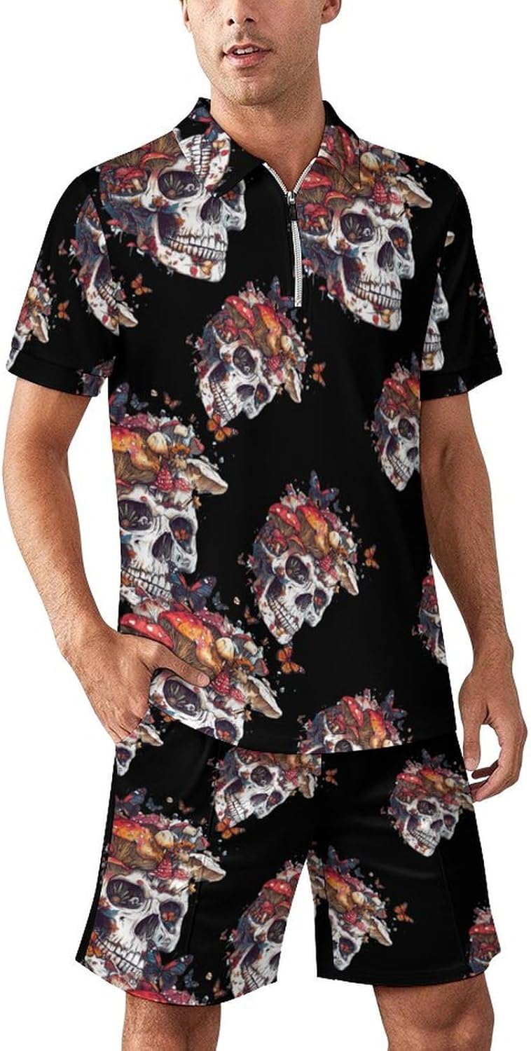 Mushroom Collector Skull Mens Polo Shirts Track Suits 2 Piece Short Sleeve Sweatsuit 1/4 Zip Golf Loungewear for Sports