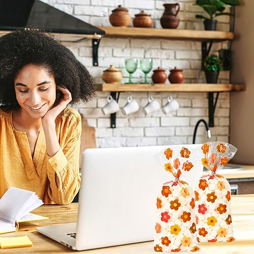 Miniatura 5 de Whaline 160 bolsas de celofán bohemio con estampado de flores hippie y bohemias, bolsas de plástico transparente con lazos para cumpleaños, baby