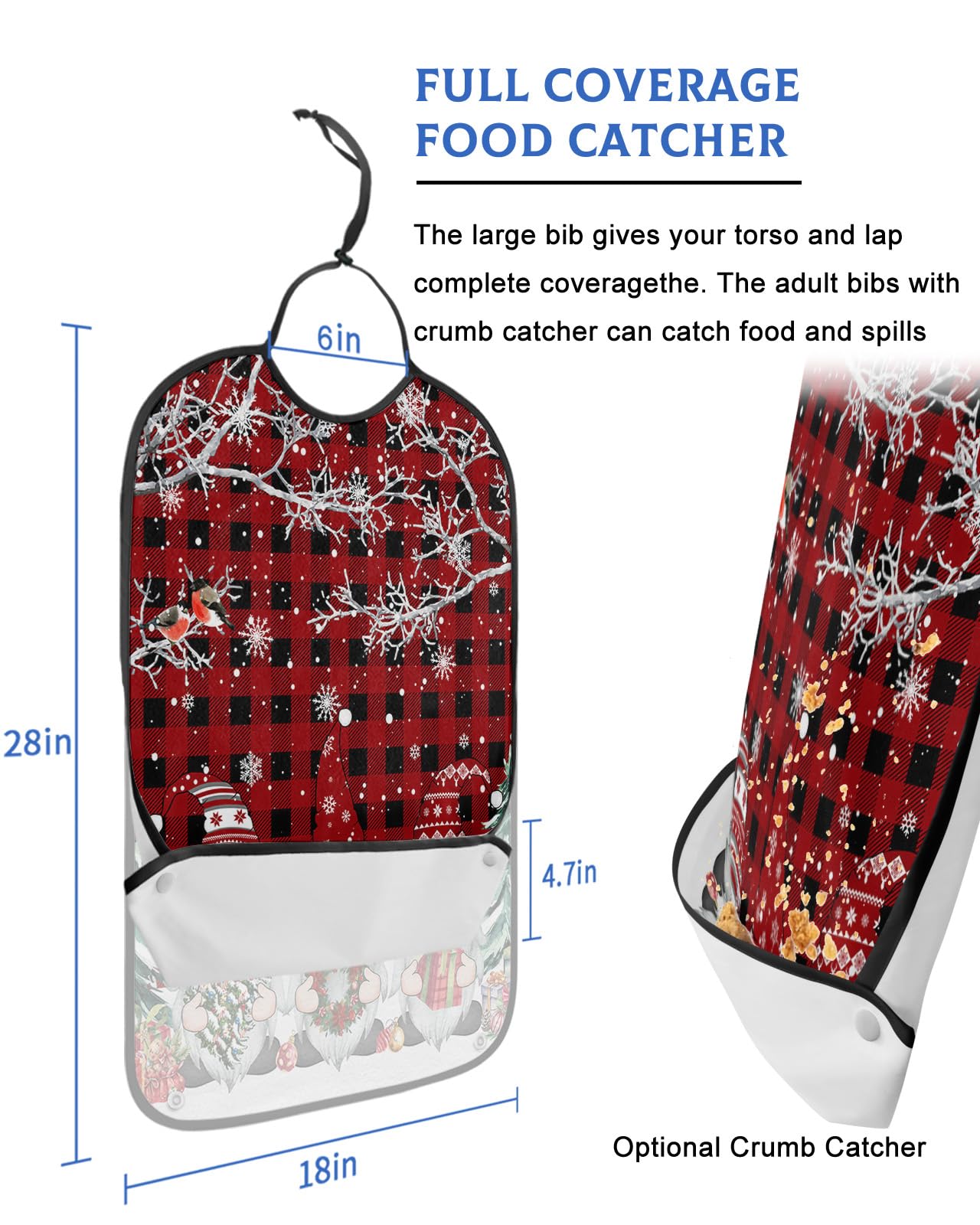 Jolunifun Christmas Adult Bib for Adults Men, Women, Washable & Adjustable Terry Cloth Bib with Crumb Catcher Reusable Waterproof Clothing Clothes Protector Apron Red Plaid Gnomes Fantasy Tree Branch