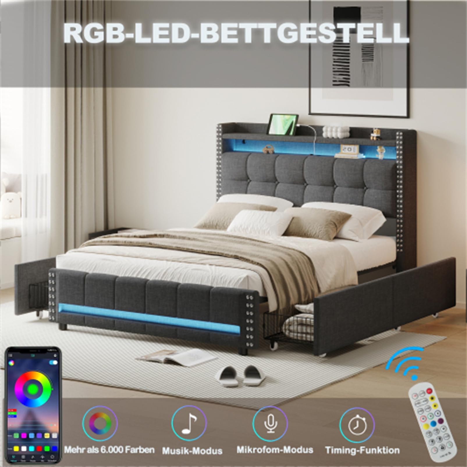 Letto imbottito con illuminazione a LED e presa USB letto matrimoniale testiera con ripiani e contenitore letto tessuto di lino per adulti familiare letti per ospiti grigio con cassetto 140x200