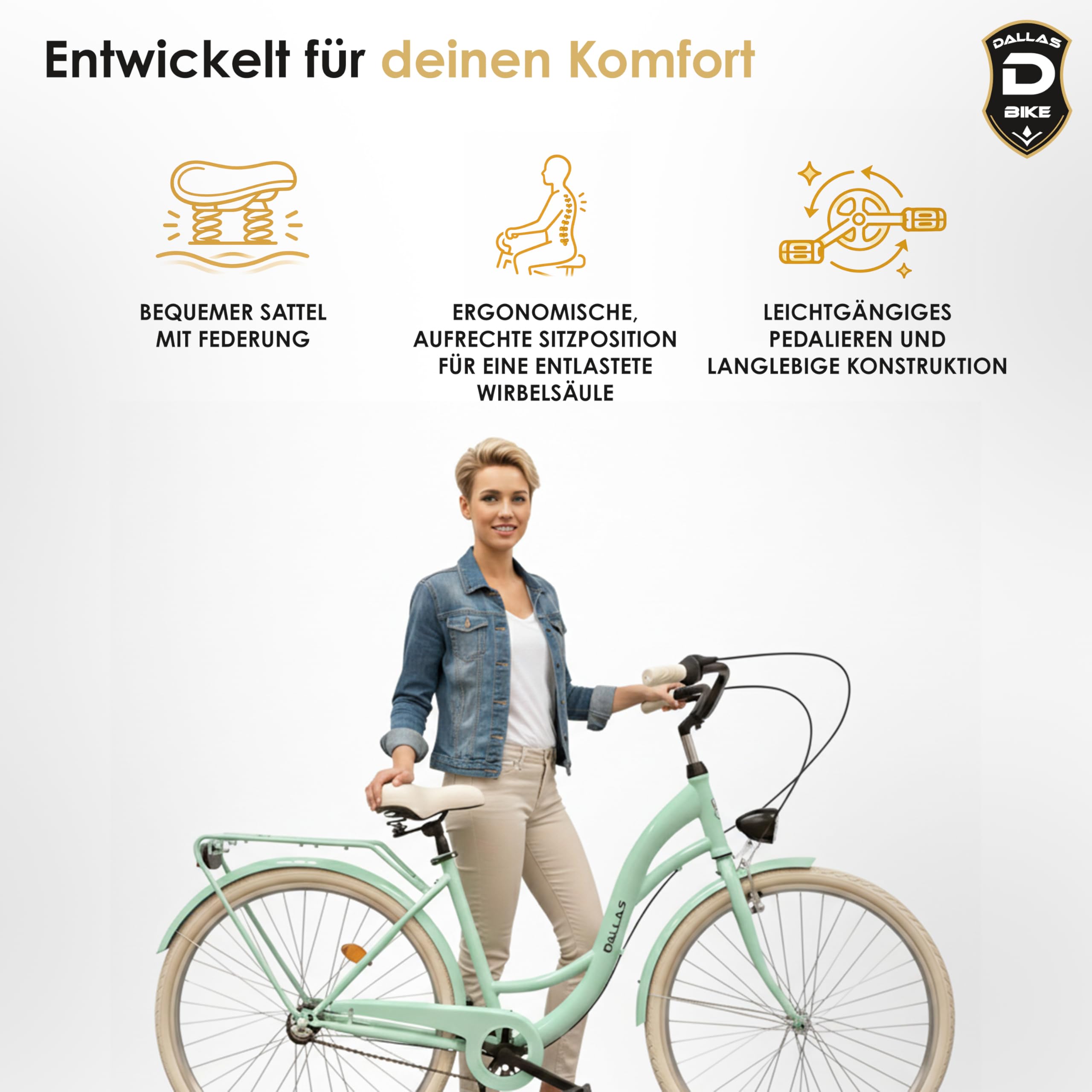Fahrrad 28 Zoll - Bequemes Cityrad für Damen und Herren - mit 3-Gang Shimano Schaltung - Komfortabler Tiefeinsteiger für Stadt und Pendler - Dallas City - Minze, Creme
