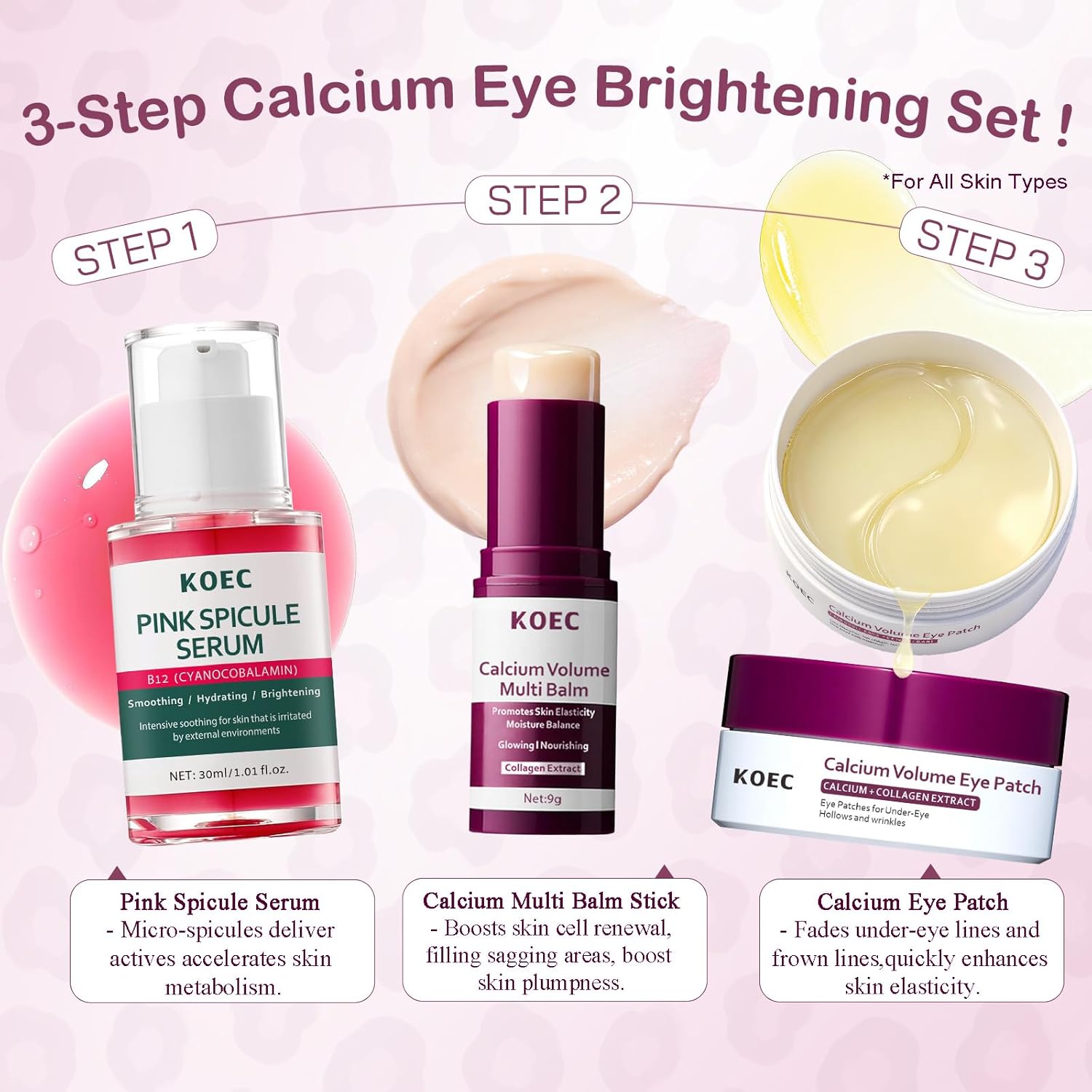 Cemenrete Calcium Volume Multi Balm Stick + Pink Spicule Serum + Calcium Eye Patches 60ea, Collagen Elastin Boost & Wrinkle Smoothing Eye Treatment, Liquid Microneedling Pore Refinement Face Serum