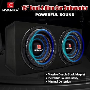 H YANKA BSP-15-4 15 Inch Subwoofer 3000W Max Power, 3 Dual Voice Coil, 4 Ohm, Car Audio Subwoofer, Black Aluminum Basket, Paper Cone, Deep Bass for Cars