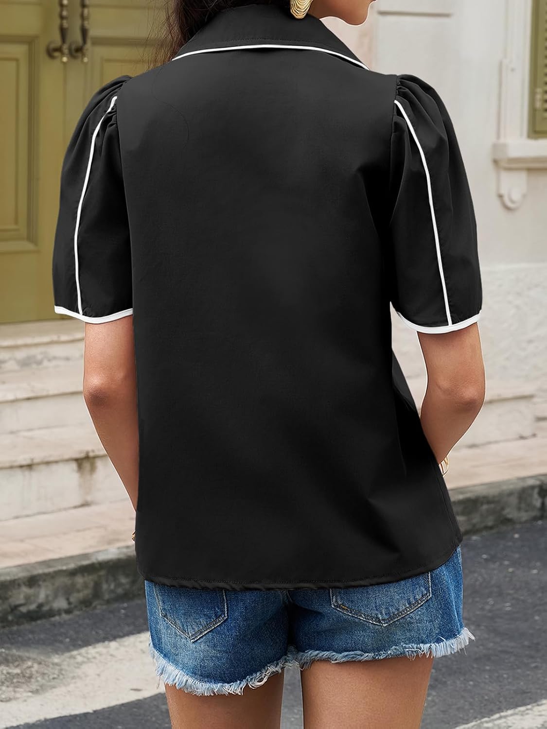 Tankaneo Womens Puff Short Sleeve Button Down Shirts Summer V Neck Color Block Tops Dressy Casual Blouse - Image 5