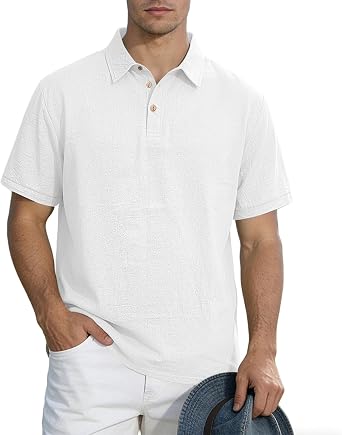 Men Short Sleeve Polo Shirt Turn Down Collar Button V Neck Casual T Shirt with Chest Pocket
