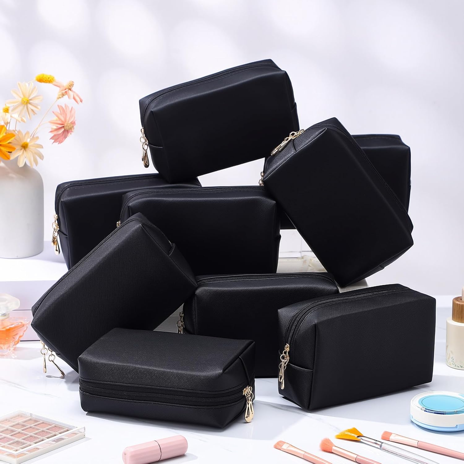 Kigeli 15 Pcs Aesthetic Makeup Bags PU Leather Cosmetic Pouches Waterproof Plain Toiletry Bags Makeup Pouches Bulk for Women Party Gift Travel Storage Organizer (Black) - Image 5