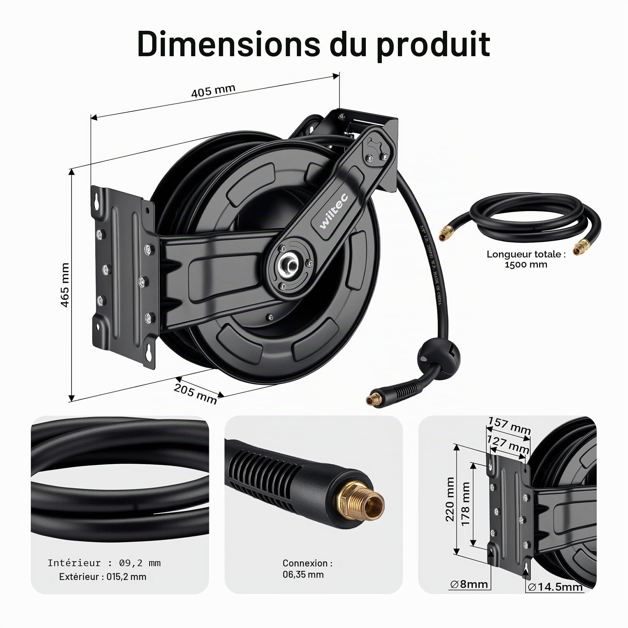 Wiltec Dévidoir automatique avec tuyau hybride 15 m + 1,5 m – Montage mural – En PVC, caoutchouc, acier – Enrouleur de tuyau pneumatique 20 bar – Pivotable à 180° – Connexion 1/4"