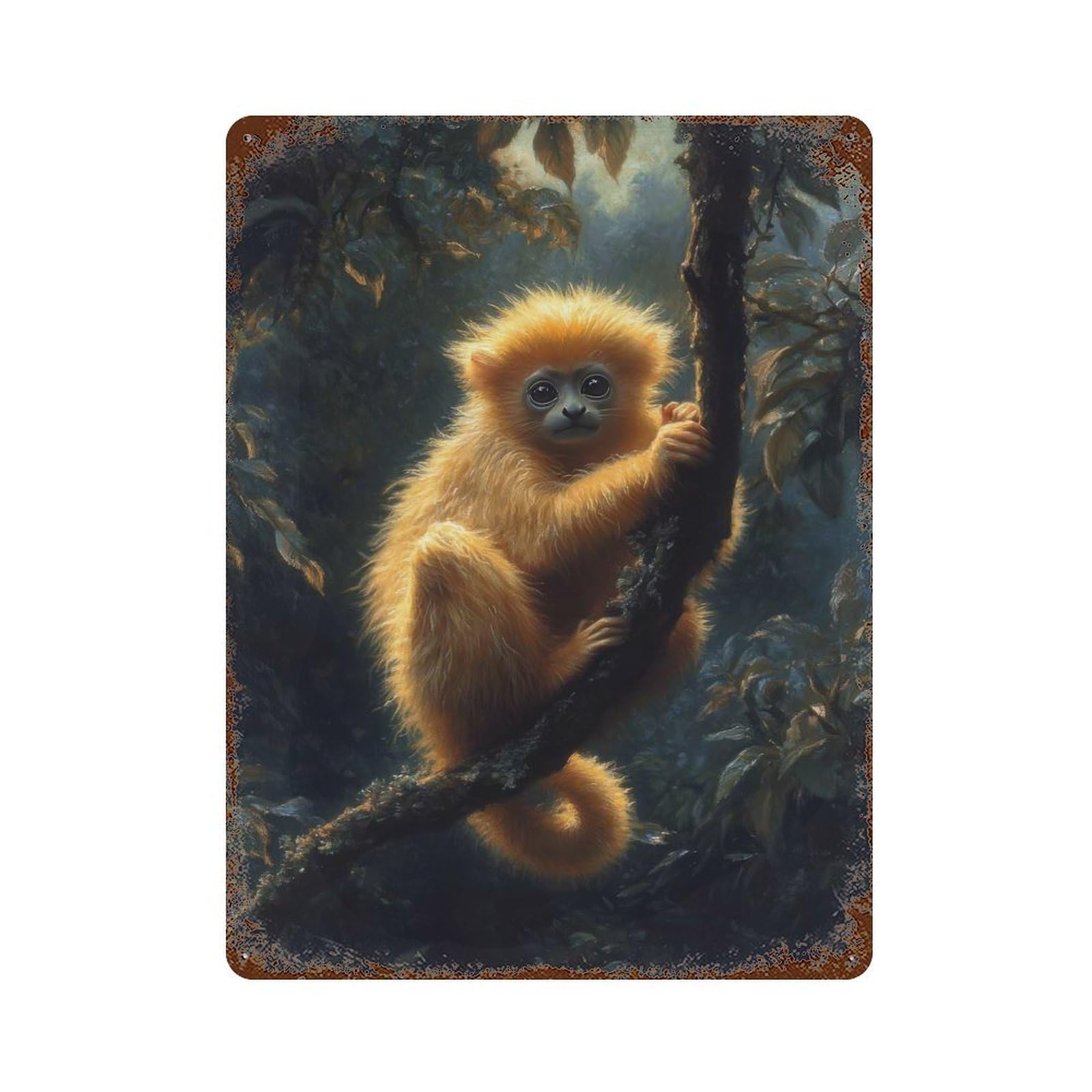 Distressed Metal Wall Sign with Golden Monkey in Jungle Design 15.7"x11.8", for Living Room, Hallway And Home Decor, Vintage Wall Decor