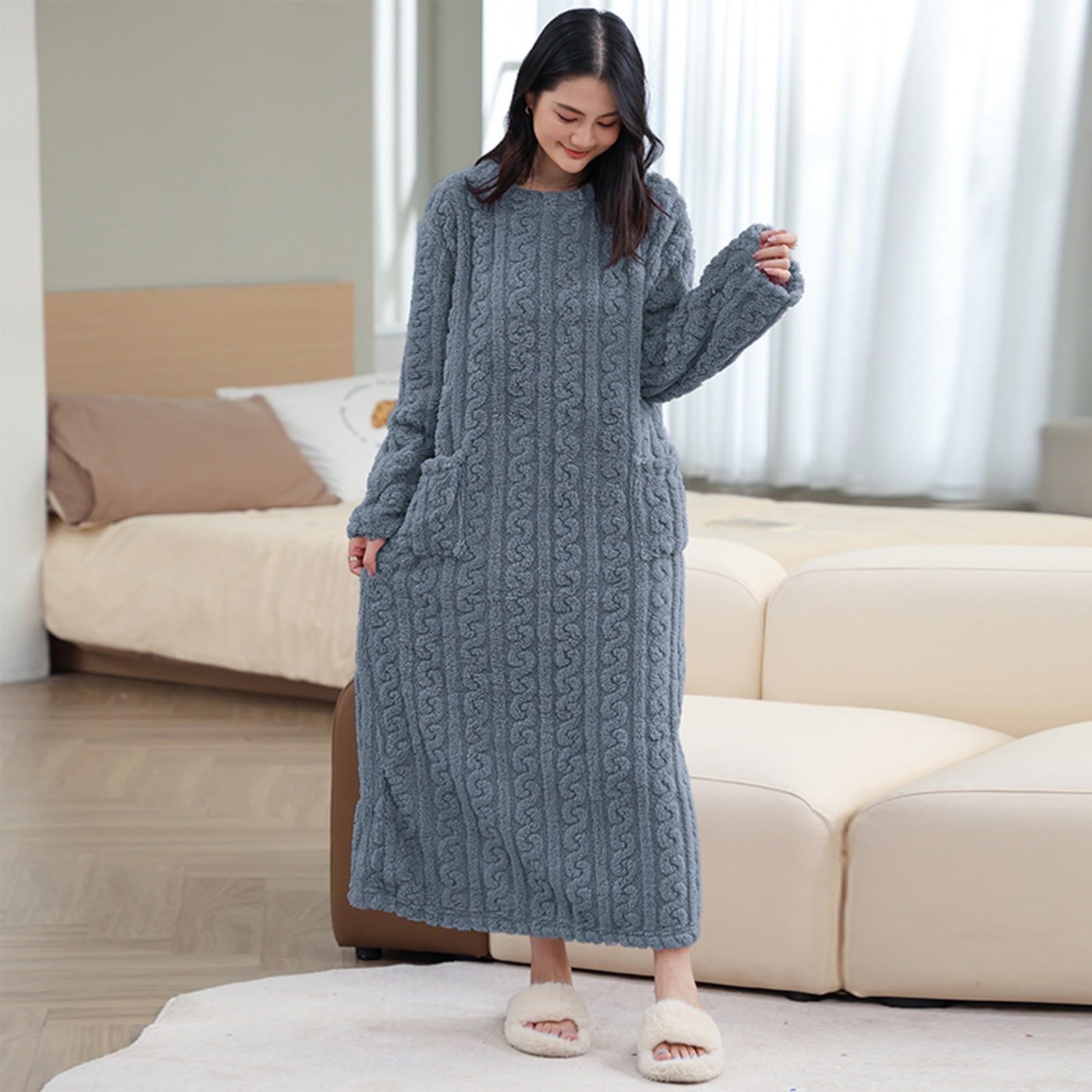 Vestaglia Donna Lungo Camicia Da Notte In Pile E Pesante Caldo Sleepwear | Vestaglia Inverno Fleece Termica Loungewear A Manica Lunga Abbigliamento Girocollo Larghi Accappatoio Con Tasche