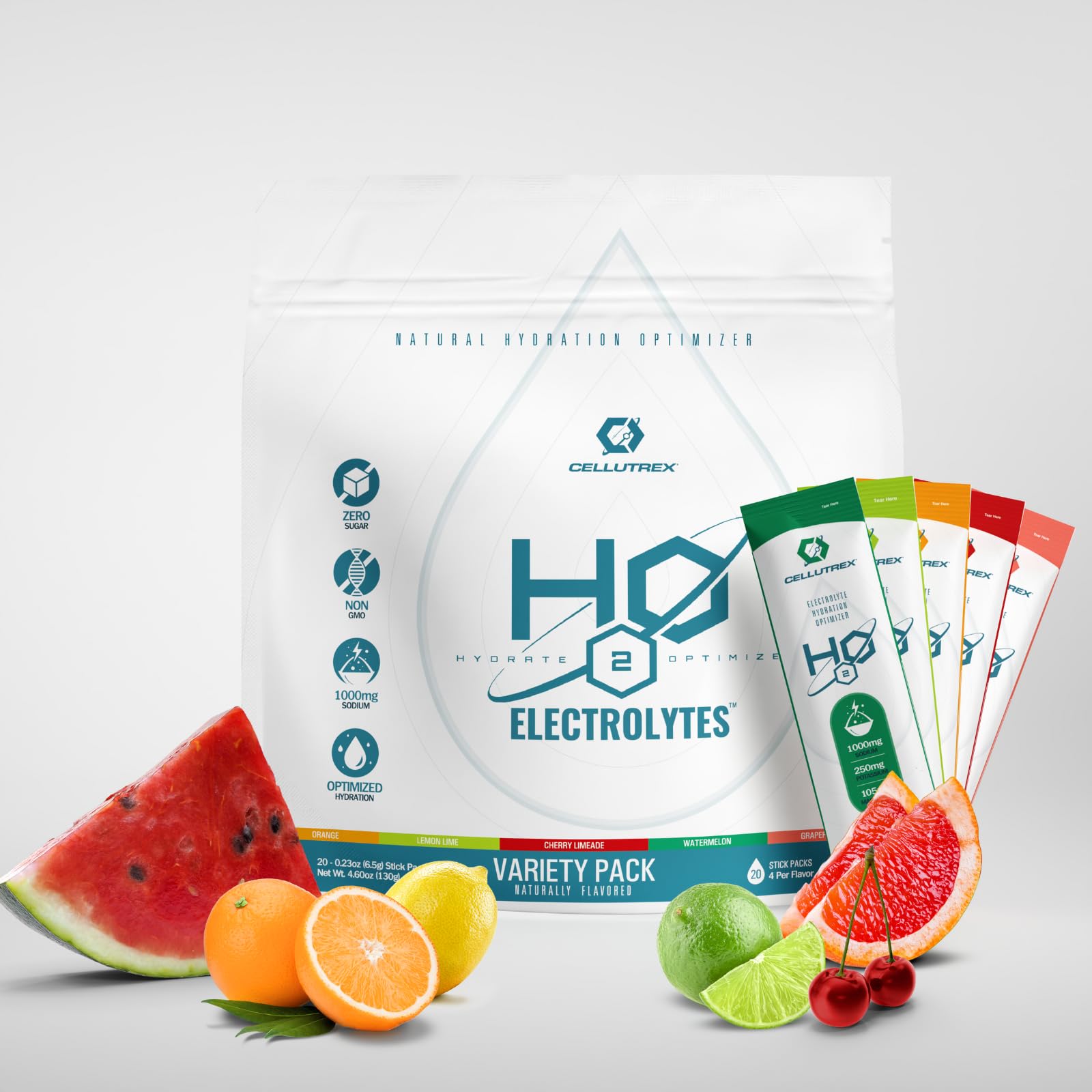 H2O Electrolytes – Electrolyte Powder Drink Mix, Zero Sugar, Natural Salt Hydration Packets for Recovery and Wellness, Variety Pack, 20 Sticks