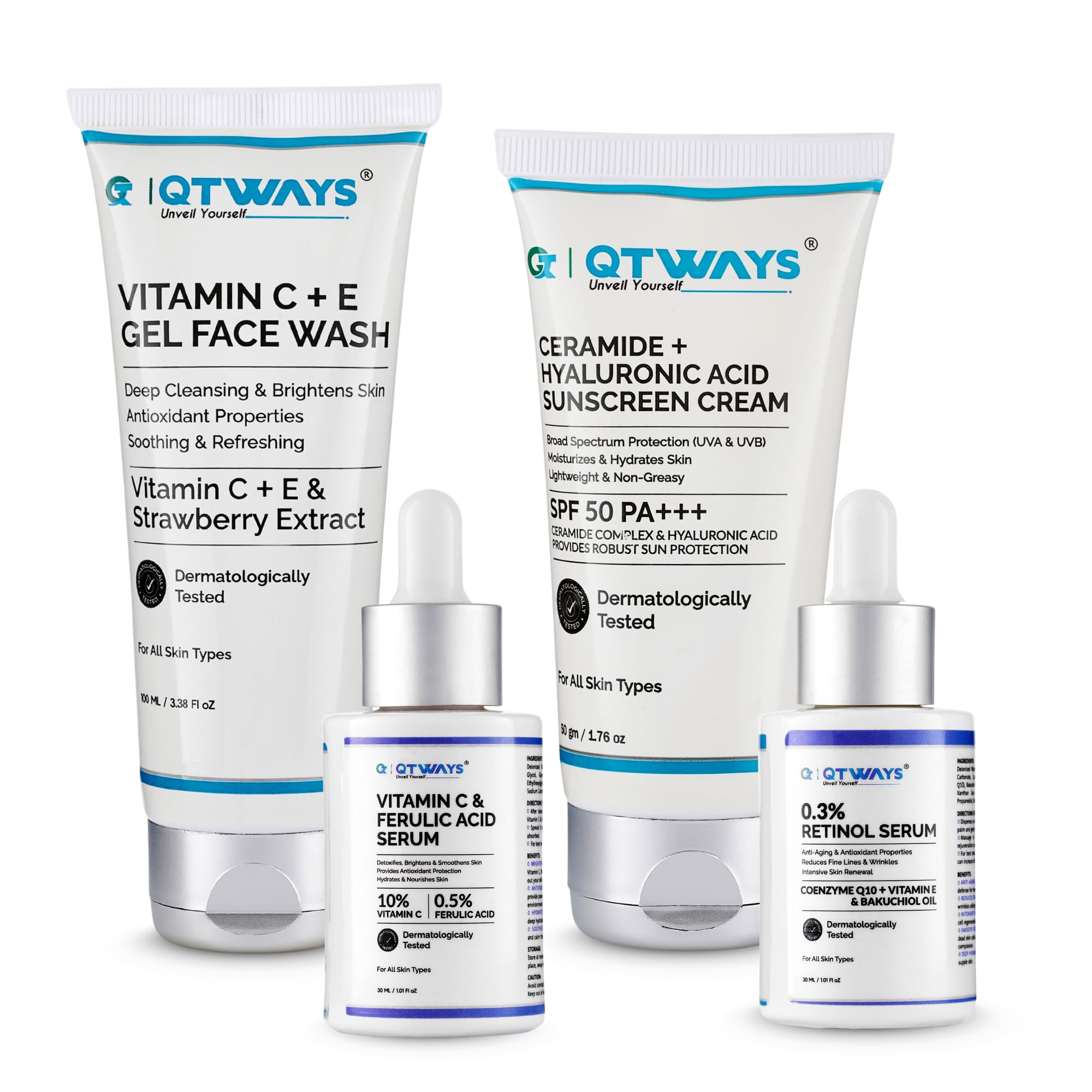 Qtways Anti-Aging Skincare Kit Combo | Vitamin C & Ferulic Acid Serum, Retinol Serum, SPF 50 PA+++ Sunscreen & Vitamin C Face Wash | Anti-Wrinkle & Brightening Routine-image-5