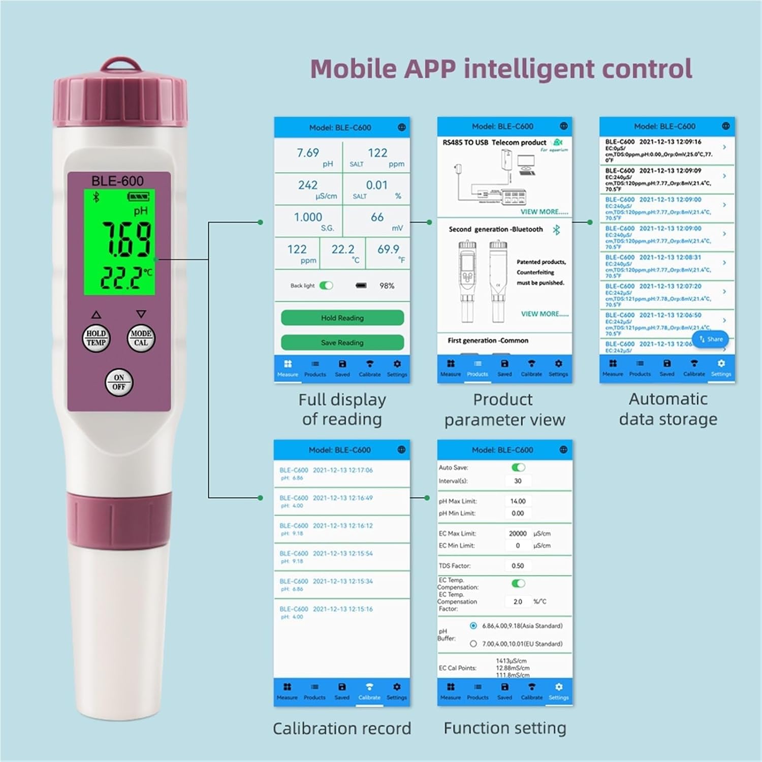 Ble-C600 Compatible Water Quality Pen 7 in 1 Ph Ec Tds Orp Salt S.G Temp Meter App Intelligent Control Tester