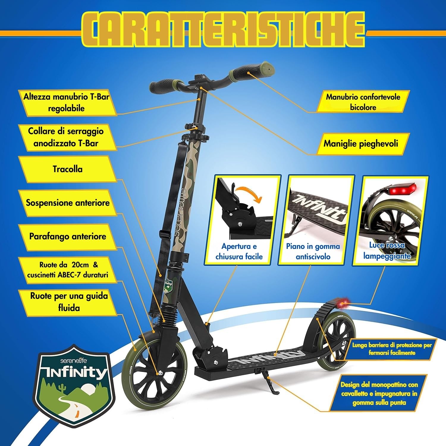 SereneLife Monopattino, Monopattino Bambini da 8 Anni, 2 Ruote con Manubrio Regolabile, Adulti e Adolescenti, Antiscivolo, Monopattino Pieghevole, Monopattino a Spinta e Portatile con Tracolla