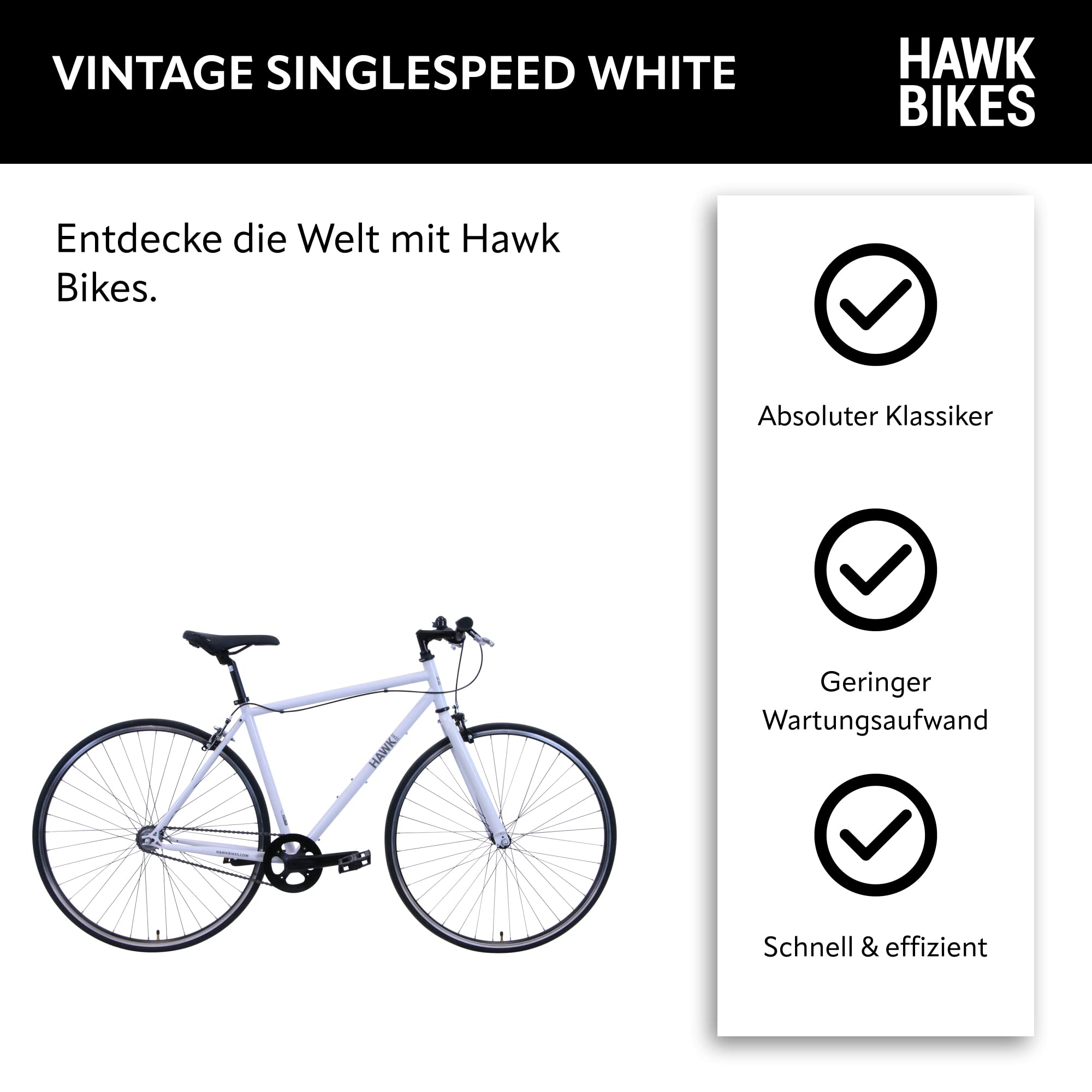 HAWK Vintage Singlespeed Fahrrad 28 Zoll Herren & Damen (48 cm) I Sportliches Fixie mit klassischem Stahlrahmen I Rennrad mit Felgenbremse I White