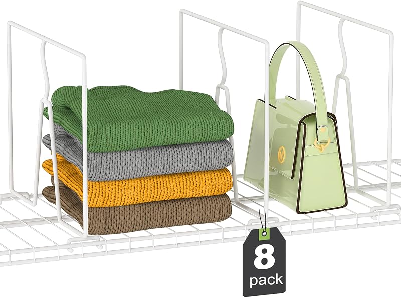 Wire Shelf Dividers for Closet: Tall 10.6in x Deep 12in, 8 Pack | Wire Rack Accessories - Adjustable Purse Organizer for Clothes Handbags - Metal Pantry Separators