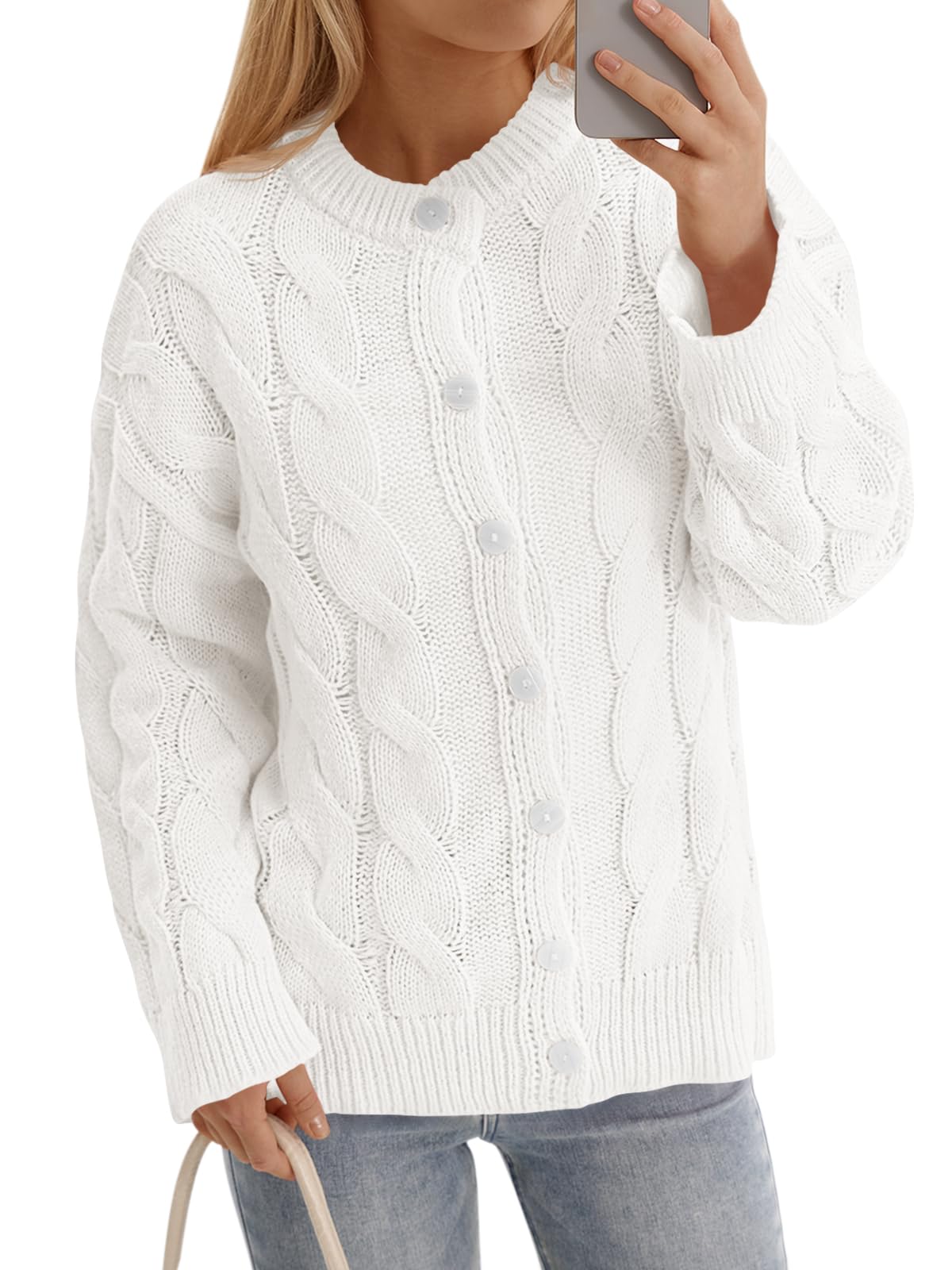 Saodimallsu Womens Cable Knit Cardigan Sweaters Long Sleeve Button Down Crewneck Casual Loose Fall Sweater Coats