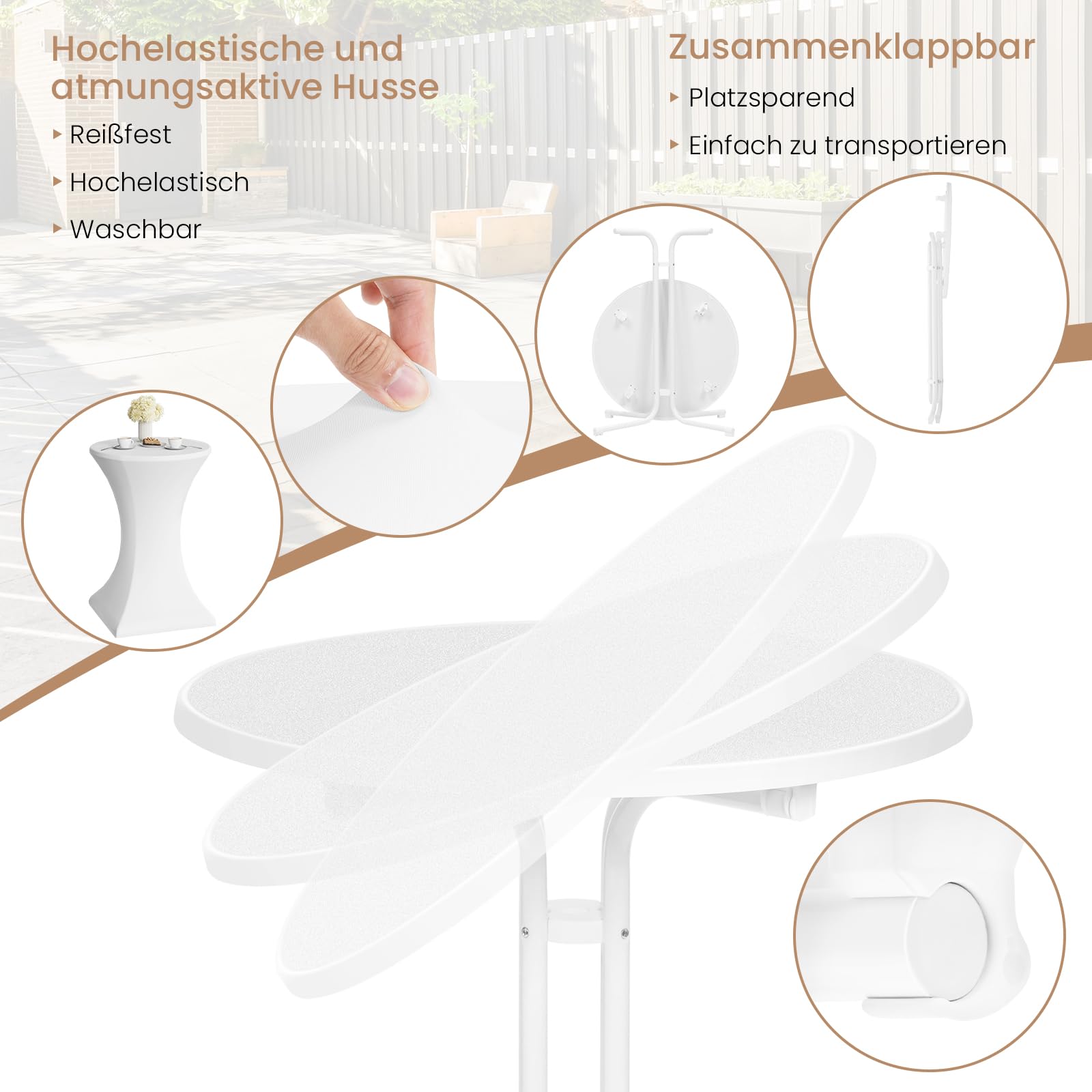 WOLTU Stehtisch klappbar, Bistrotisch mit Husse, Gartentisch wetterfest rund, Bartisch Ø 80 cm, Hochtisch 110 cm, Beistelltisch Indoor Outdoor, für Garten Party Hochzeit, Metallrohre, Weiß