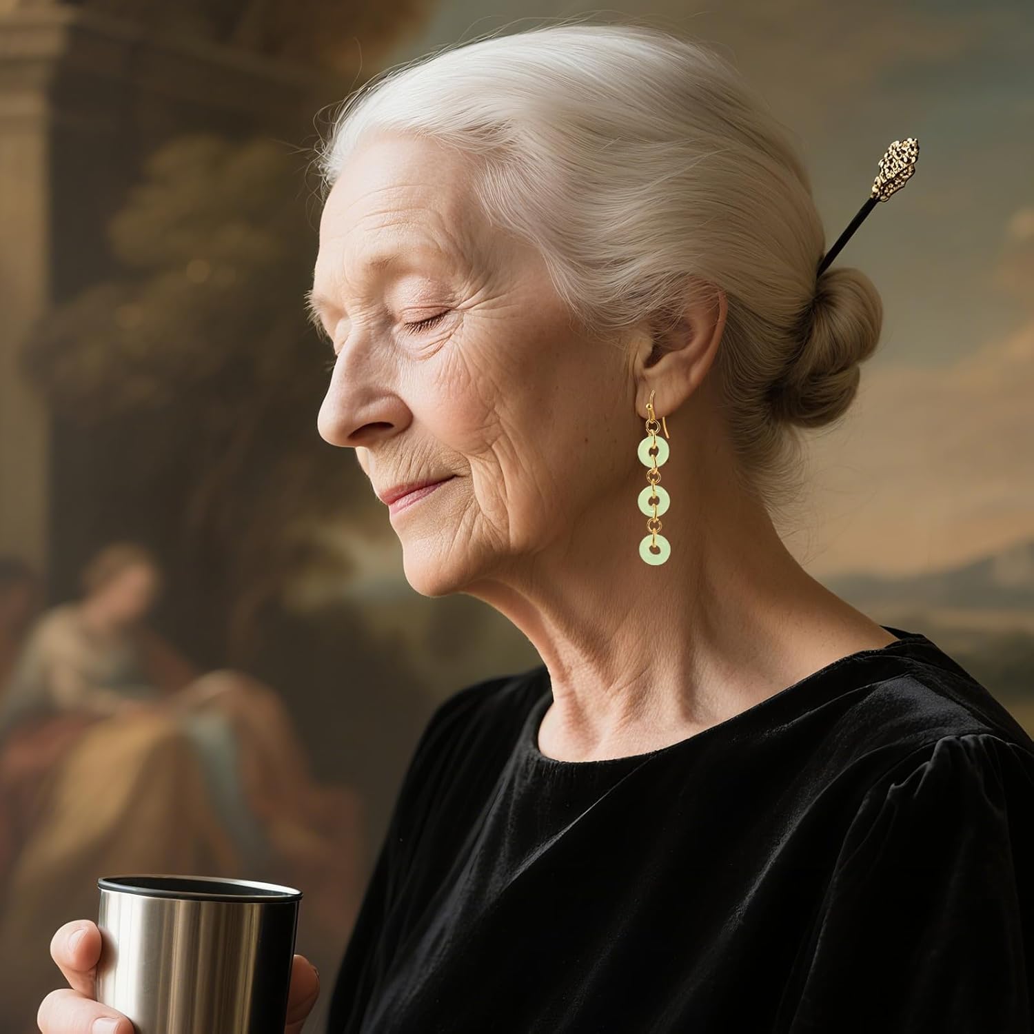 Gold Dangle Jade Earrings for Women with Three Green Jade Circles Long Elegant Statement Earrings Emerald Green Jewelry - Image 4