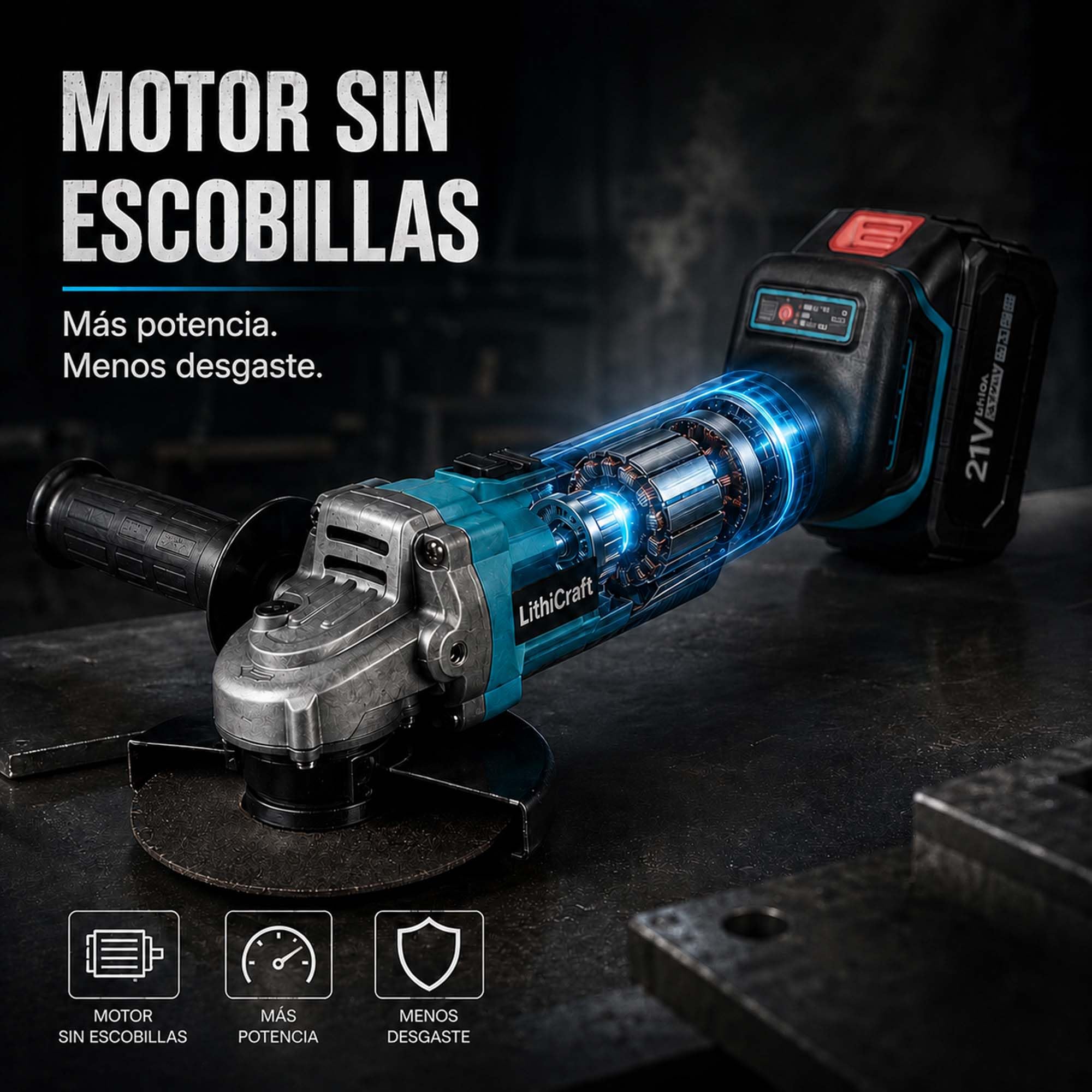 Amoladora angular inalámbrica 125 mm, amoladora brushless 10000 rpm con 2 baterías de 4,0 Ah y cargador, para metal, piedra y azulejos, con maletín