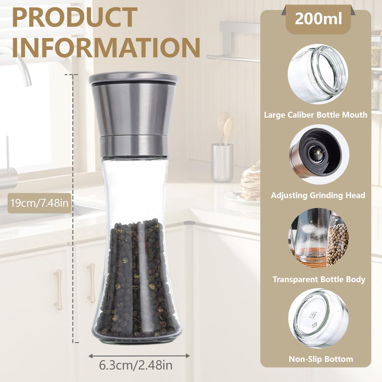 Wanheart Salt and Pepper Mill - Kitchen Hand Grinder,Glass and 304 Stainless Steel Grinder, Corrosion Resistant Ceramic Core, Adjustable Coarseness, Refillable,Large Capacity — Amazon image 6