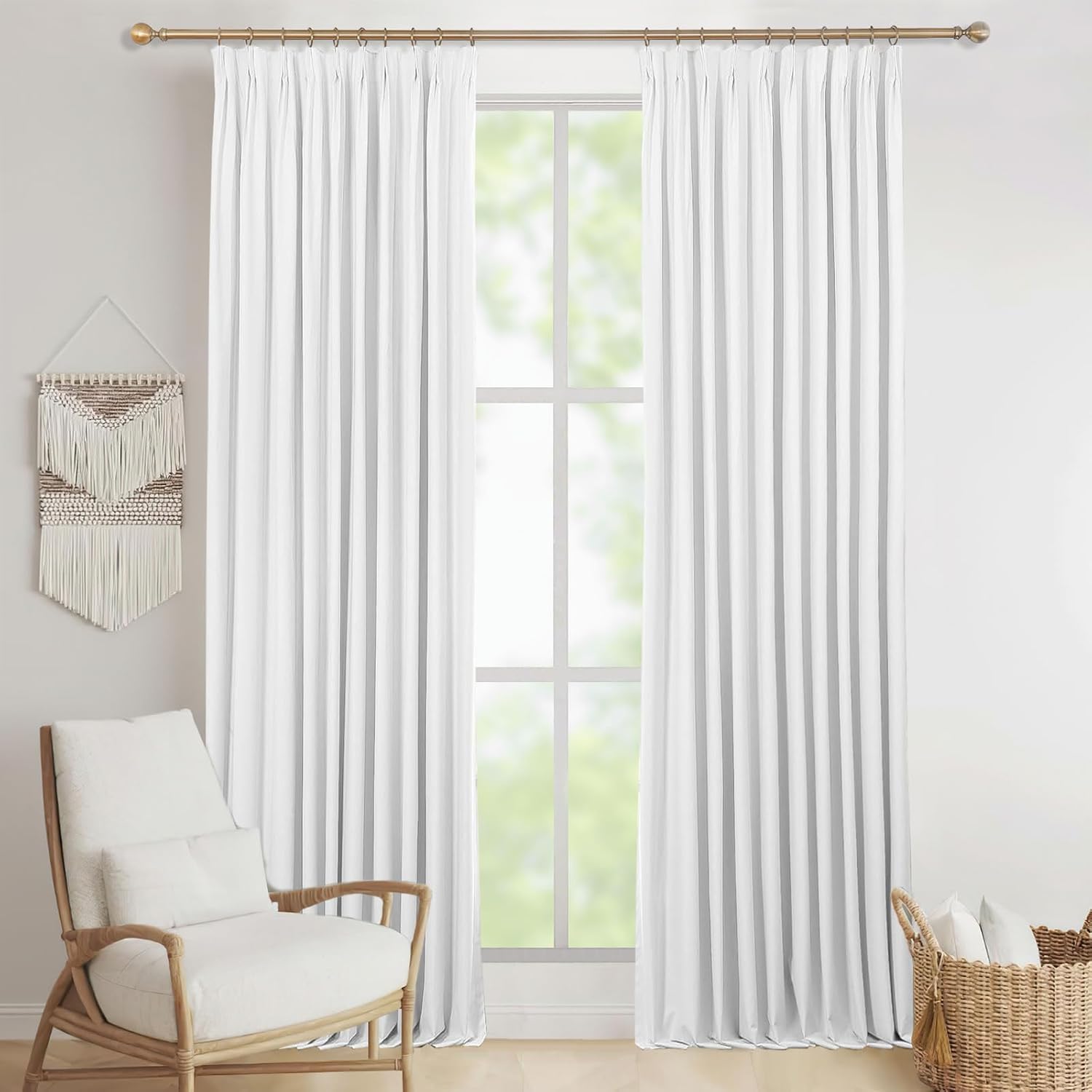 50W x 90L inch Pleated Black Out Curtains Pinch Pleat Room Darkening Insulated Curtains with White Backing for Bedroom, White, 1 Panel