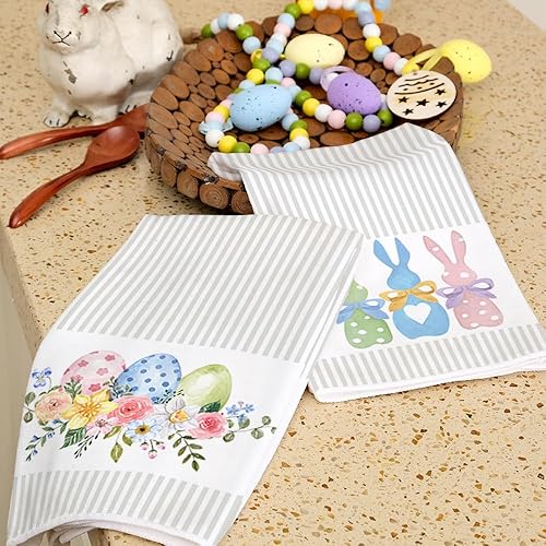 Miniatura 7 de ARKENY Juego de 2 paños de cocina de Pascua, diseño de huevos florales de conejo beige y rosa, 18 x 26 pulgadas, para decoración de primavera de
