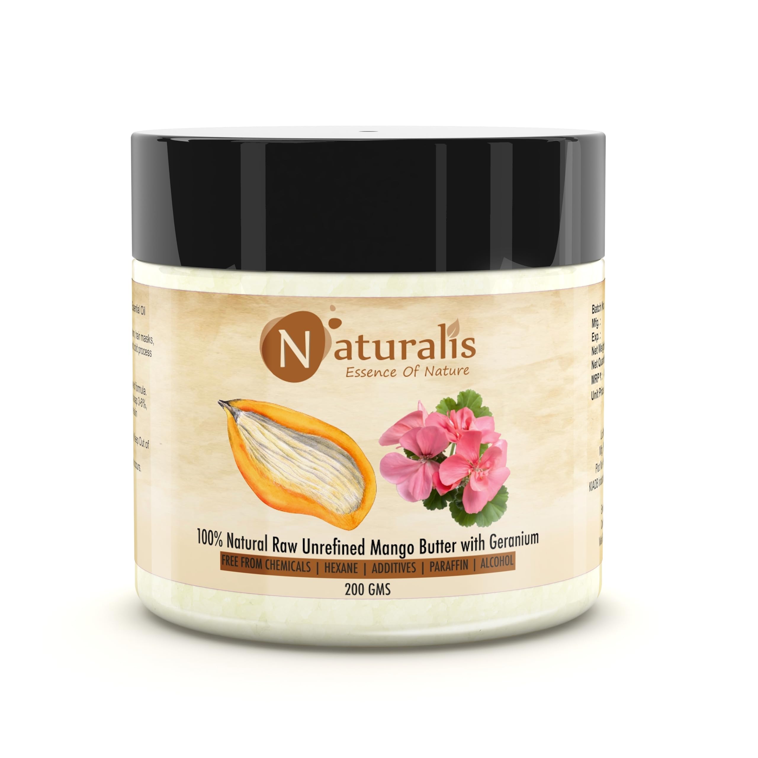 Naturalis Mango Butter with Geranium Essential Oils | 200gm | Raw, Unprocessed & Unrefined Body Butter | Ingredient for Lip Balm & Cream | Multiuse Skincare Raw Material