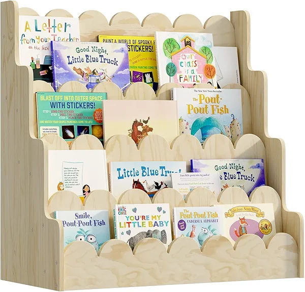 HedoAjim 4 Tier Scalloped Kids Bookshelf Natural Wood Toddler Book Rack Nursery Bookcase Playroom Coloring Book Magazine Display Storage Shelf Organizer Classroom Library Homeschooling (Natural Wood)