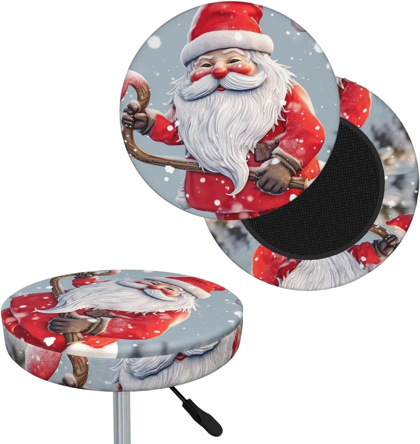 Bar Stool Cover Round Elastic Stool Cushion Covers Funny Snow Santa Claus Bar Chair Cover Washable Stool Cushion Slipcover Stretch Stool Seat Covers for 12-14 Inch Chair