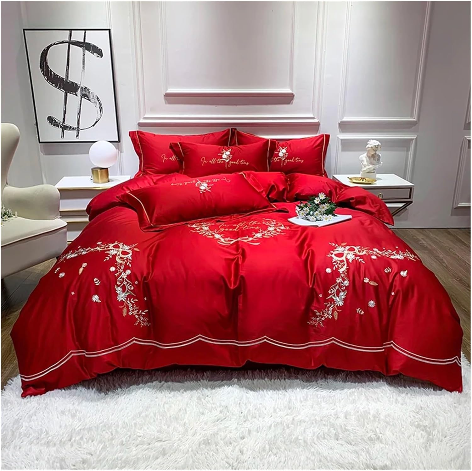 Cotton Bedding Sets Queen King Size Flowers Embroidery Bed Duvet Cover with Filling Bed Sheets/Rubber Fitted Sheet Linen,Bed