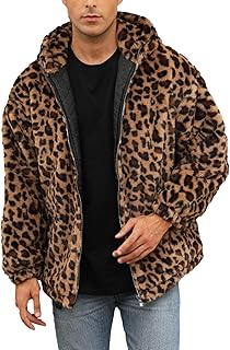 SOMTHRON Men's Faux Fur Leopard Hooded Jacket Shaggy Coat Zip Up Winter Warm Fluffy
