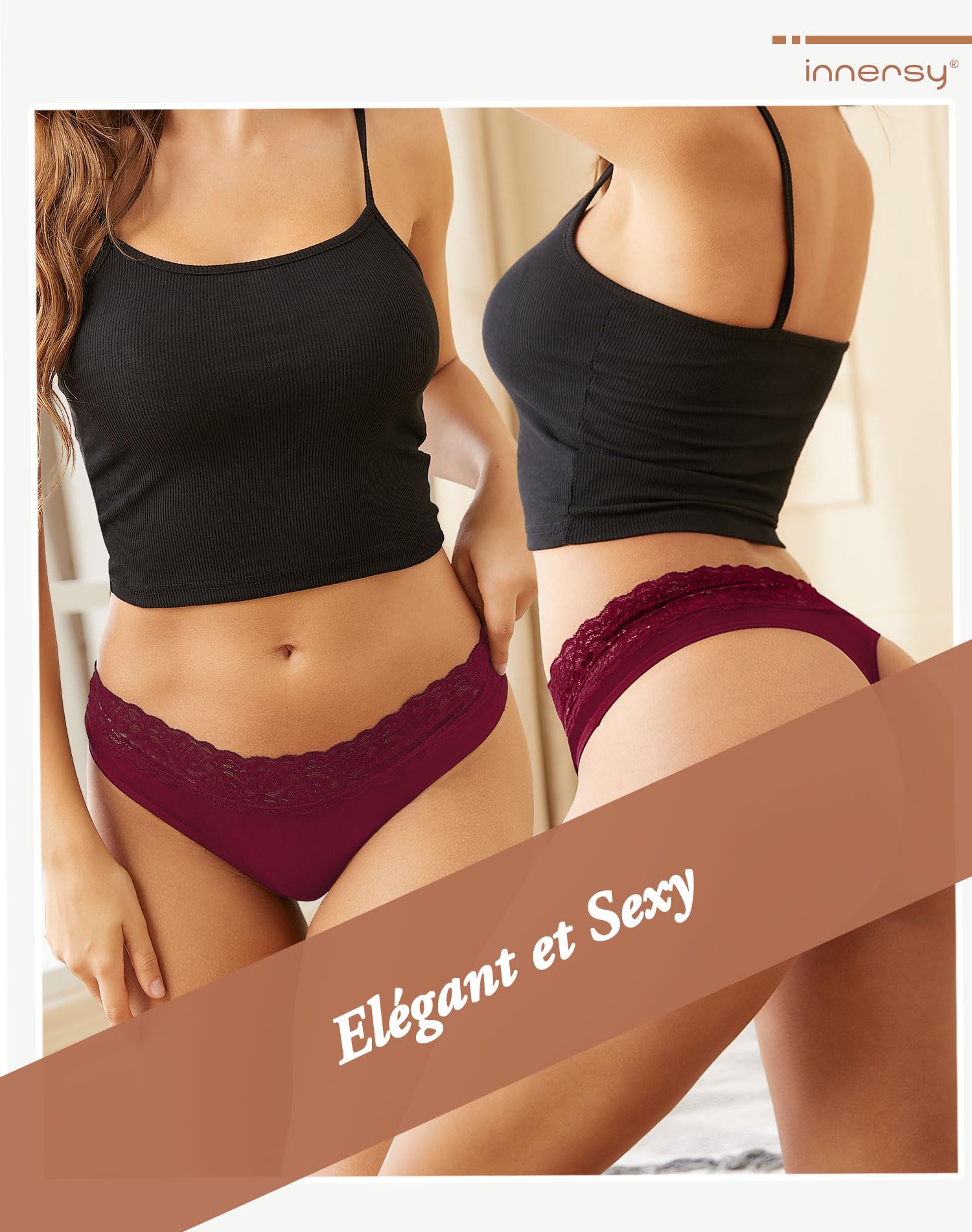 INNERSY Tanga Dentelle pour Femme String Sexy Chic Culotte Coton Stretch sous-vêtements Lot de 6