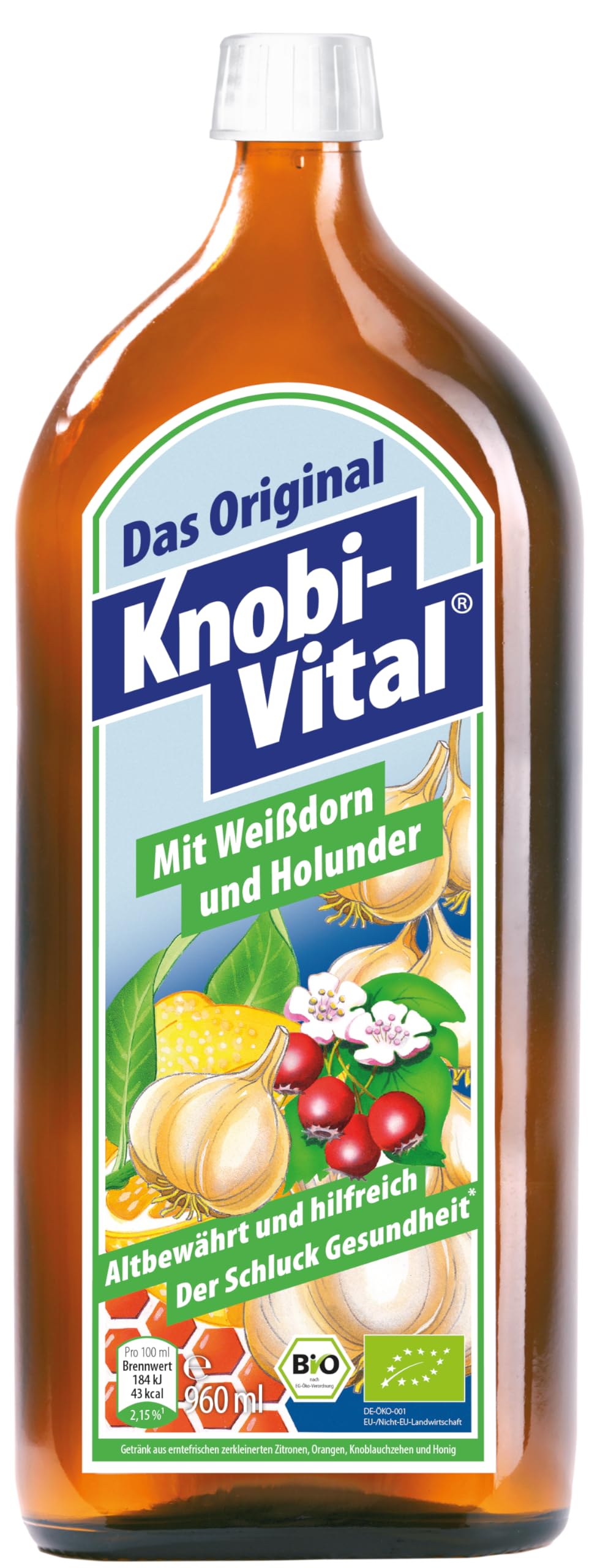 KnobiVital mit Weißdorn und Holunder Bio (960 ml) I Hochkonzentrierter Knoblauchsaft mit Thiamin für Energie, Nerven & Herz I Natürlich & ohne Zusätze