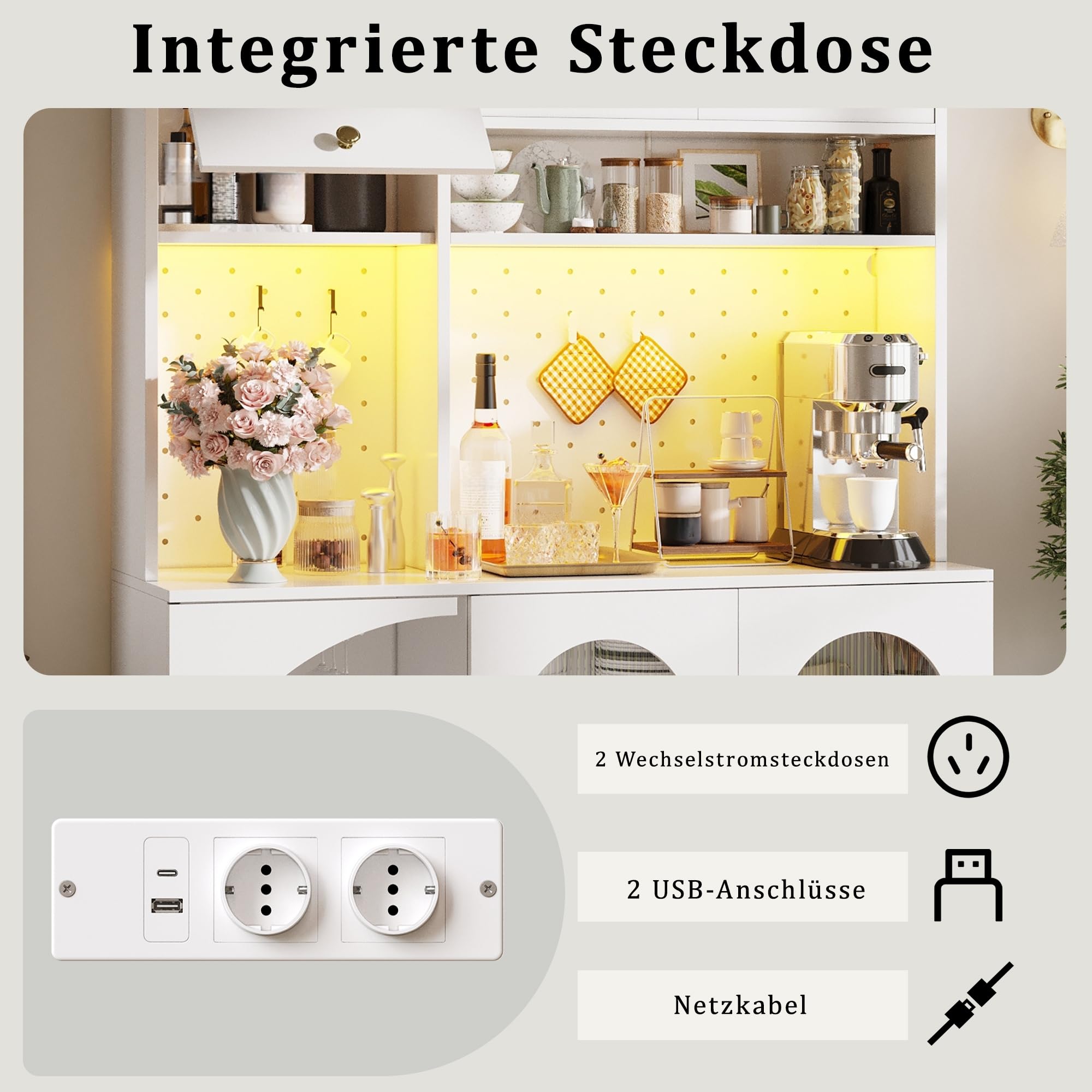 Aparador Cocina Alto Armario Cocina con Enchufe y LED, Alacena de Cocina con Puerta Vidrio y Placa Orificio, Mueble Aparador con Portavaso y Cajón, Dispositivo Antivuelco, 120x40x176 cm, Blanco