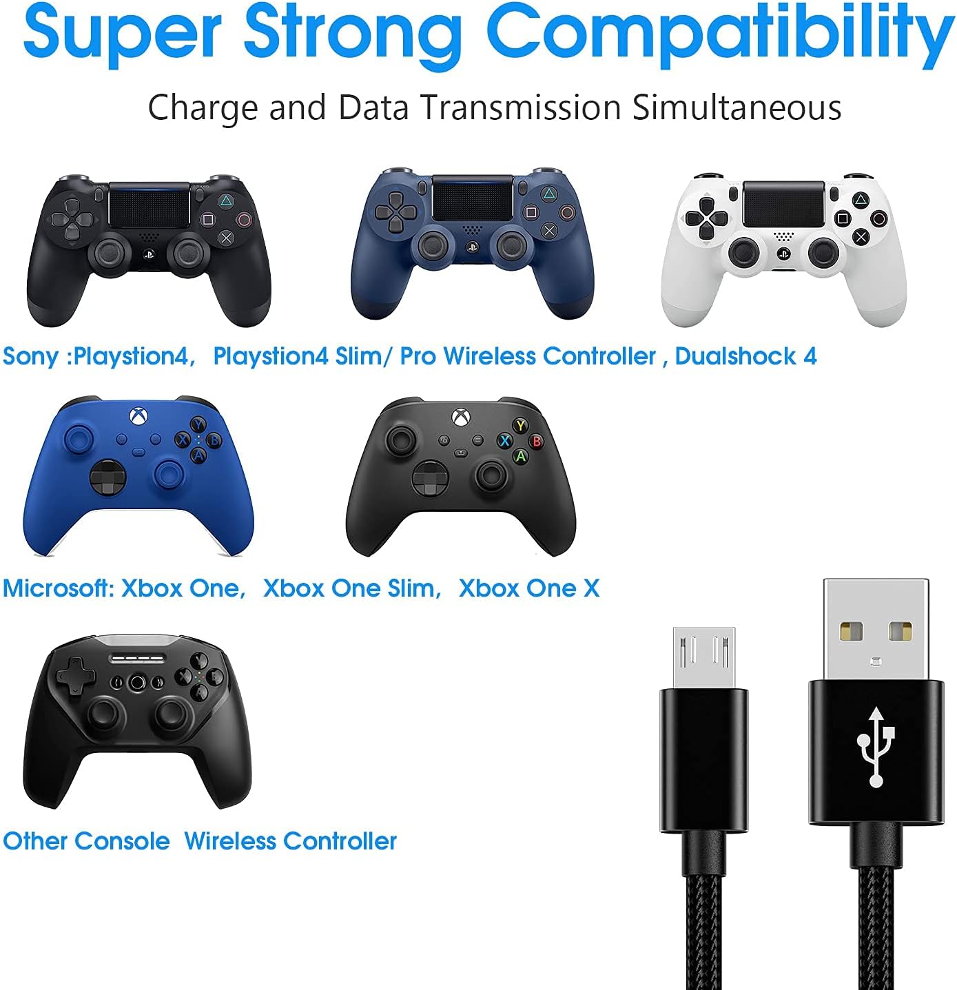 10FT PS4 Controller Charger Charging Cable, 2 Pack Nylon Braided Long USB to Micro USB Cable for Xbox One Controller, Playstation 4, PS4 Slim/Pro, Xbox One, Galaxy S7 S6 Note 5, Android Phone Charger