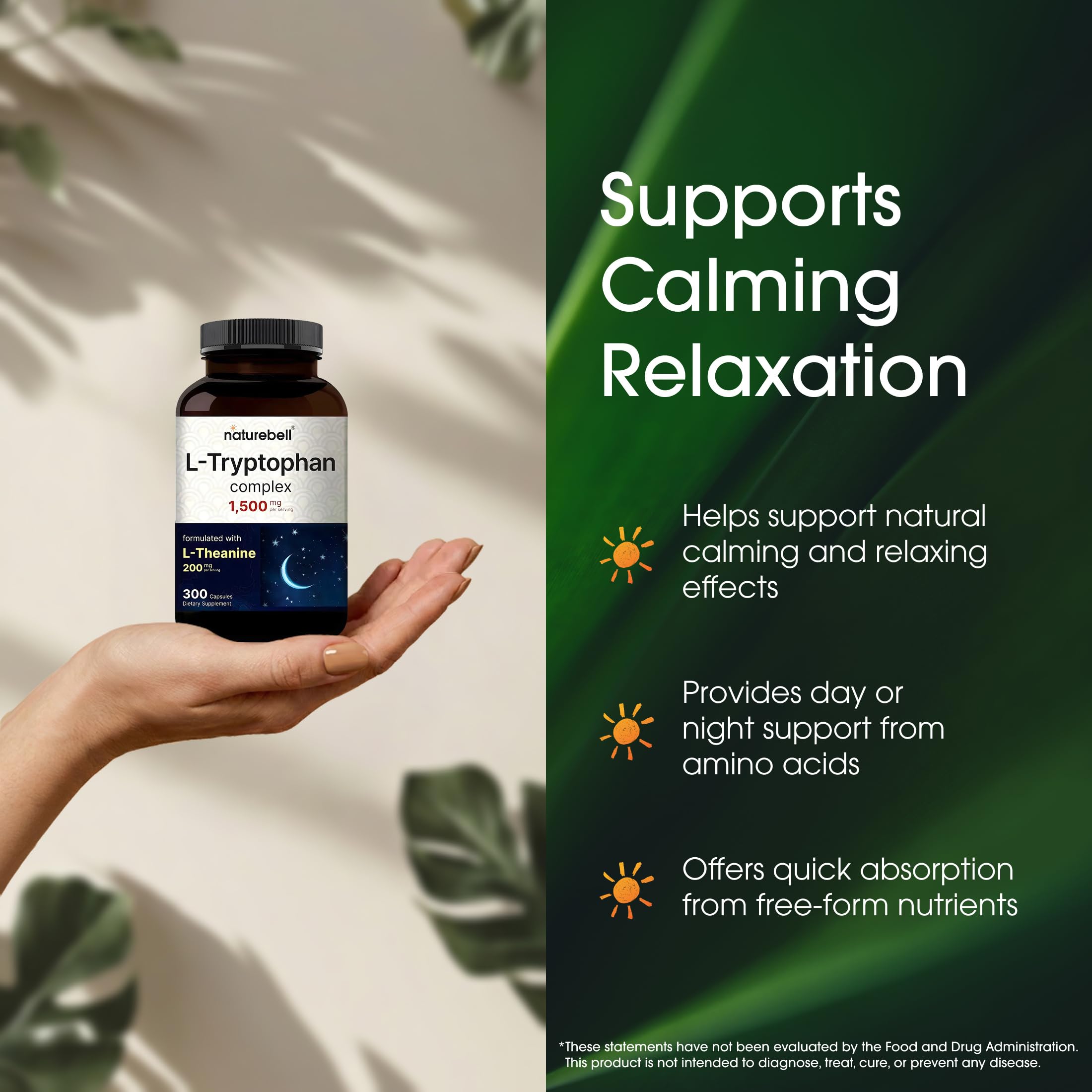 NatureBell L-Tryptophan Complex - 300 Capsules - Triple Strength 1,300mg L-Tryptophan with 200mg Free-Form L-Theanine - Calming Support Formula for Relaxation & Wellness* — Amazon image 4